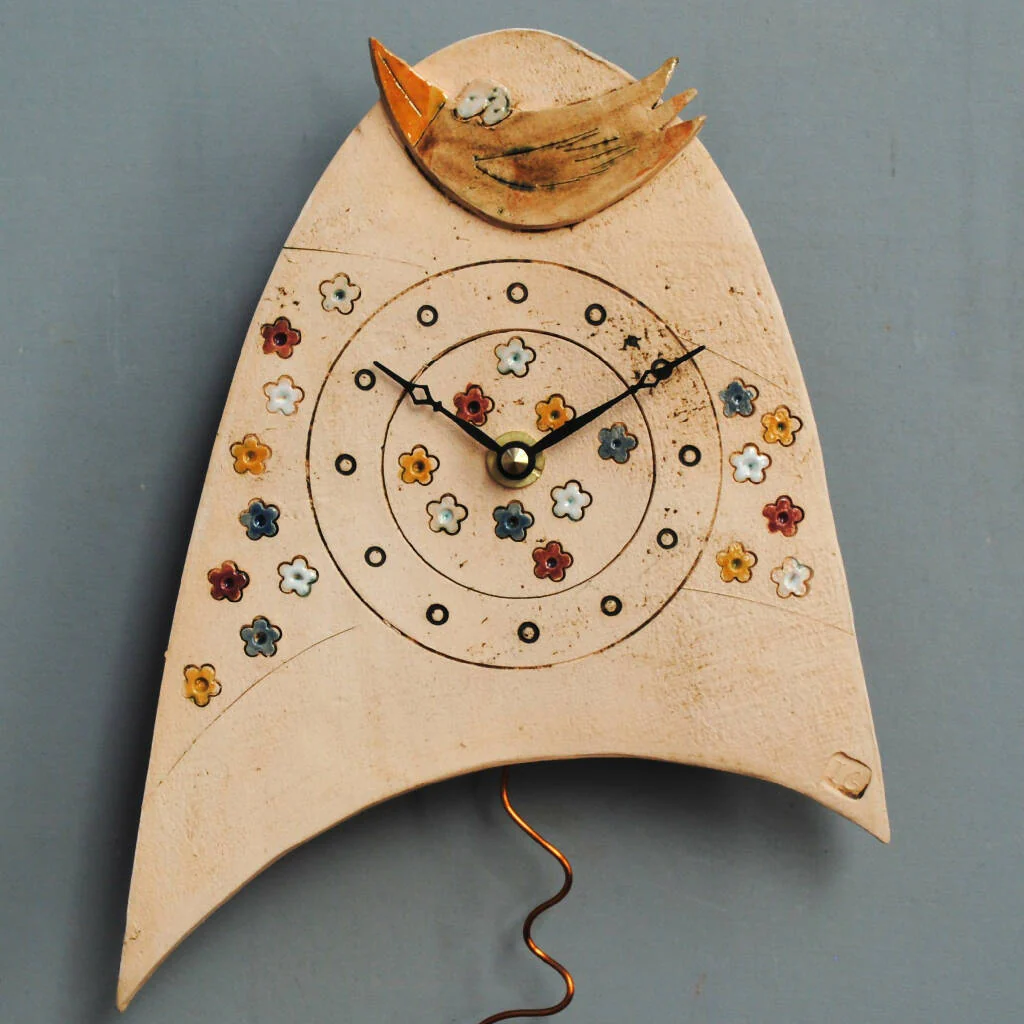 Birds and Meadow Ceramic Wall Clock with Pendulum - Image 5