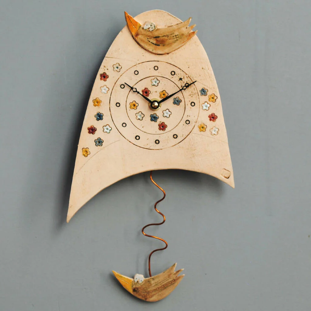 Birds and Meadow Ceramic Wall Clock with Pendulum - Image 6