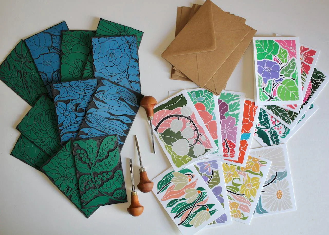 Birth Flower Linocut Note Cards | Set of 12 Notecards & envelopes - Image 2