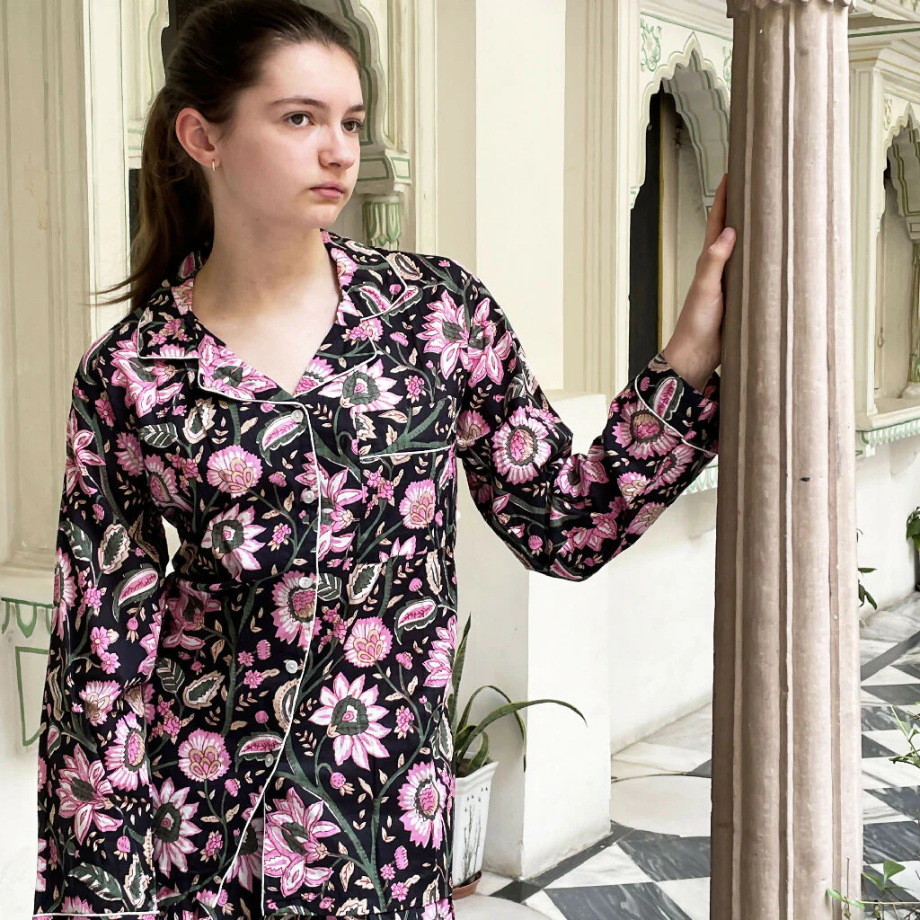 Black and Pink Block Print Floral 100% Cotton Long Pyjama Set - Image 3