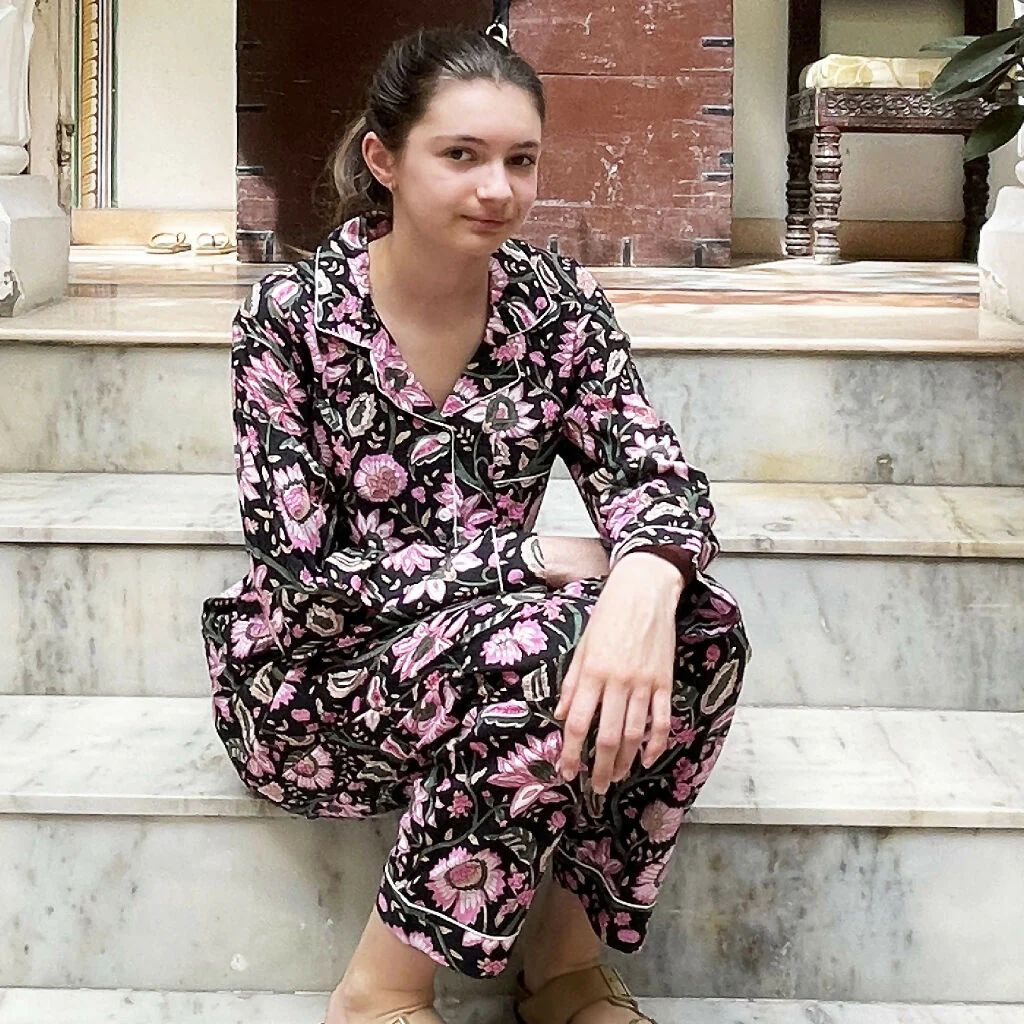 Black and Pink Block Print Floral 100% Cotton Long Pyjama Set - Image 4