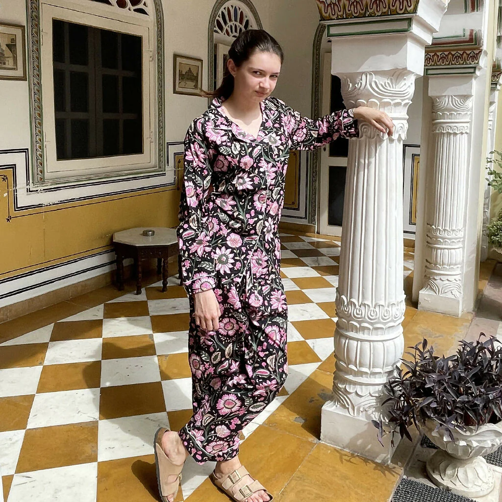 Black and Pink Block Print Floral 100% Cotton Long Pyjama Set - Image 5