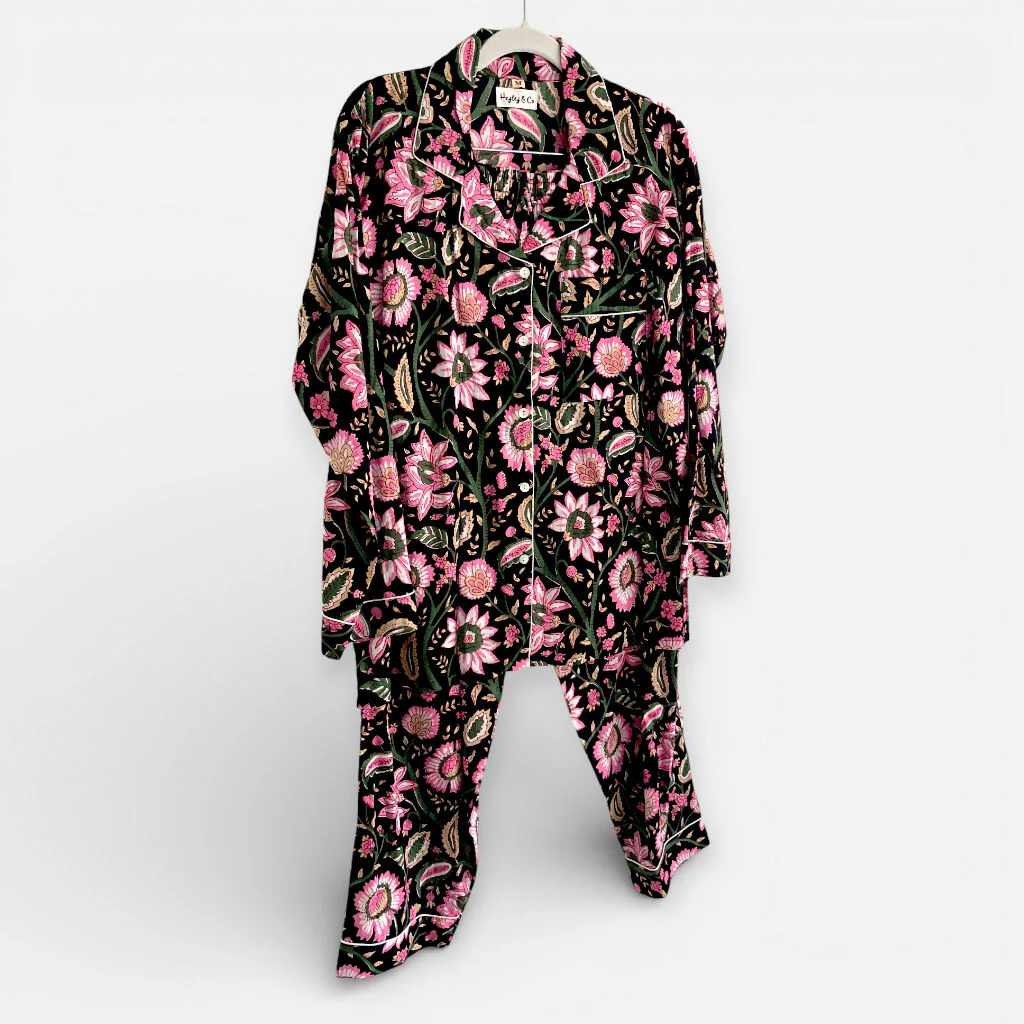 Black and Pink Block Print Floral 100% Cotton Long Pyjama Set - Image 7