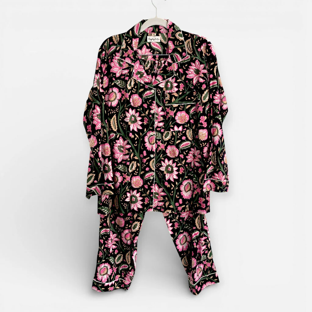 Black and Pink Block Print Floral 100% Cotton Long Pyjama Set - Image 9