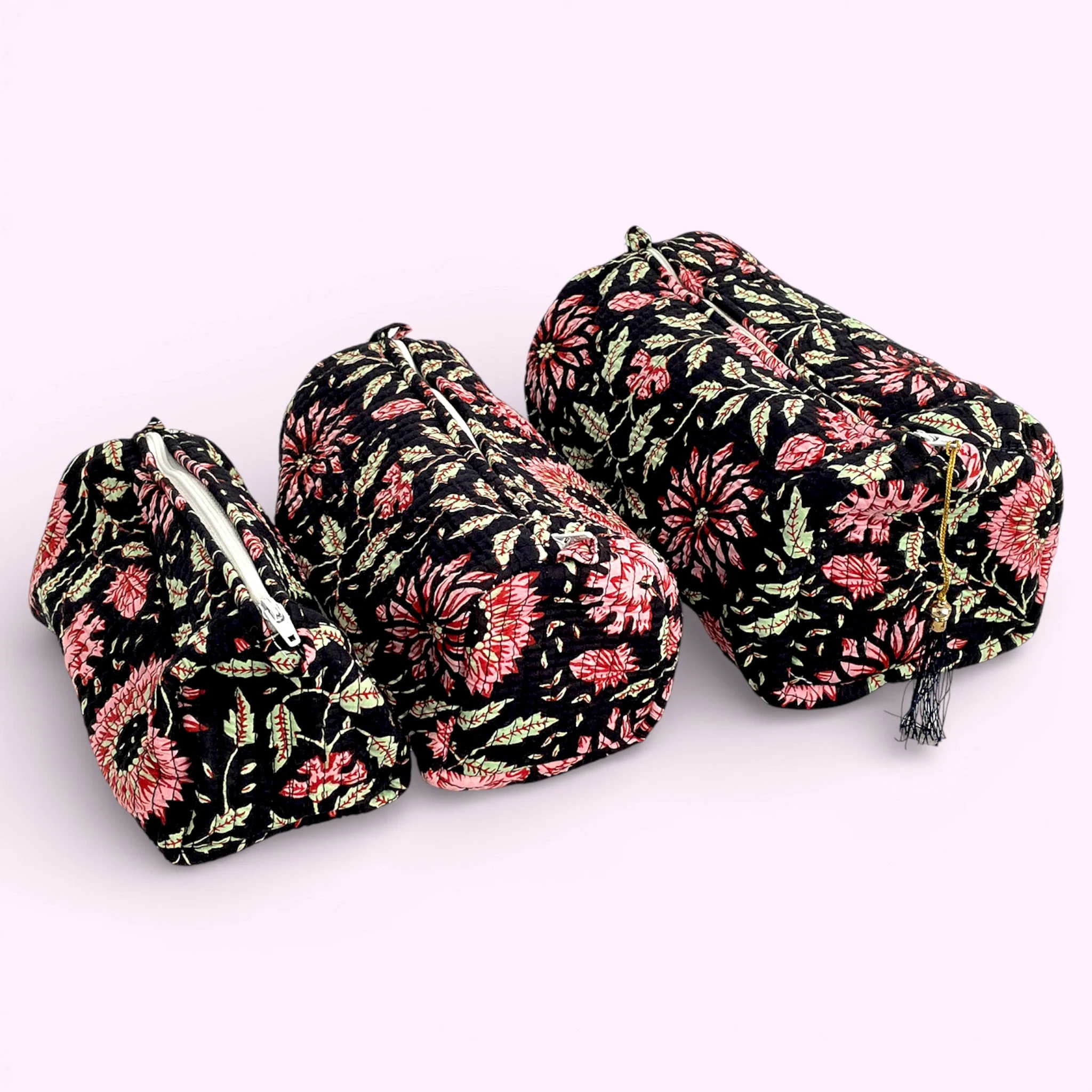 Black and Pink Floral Block Print Cotton Washbag, Make Up Bag, Pencil Case with Waterproof Lining - Pink Sunflower Print