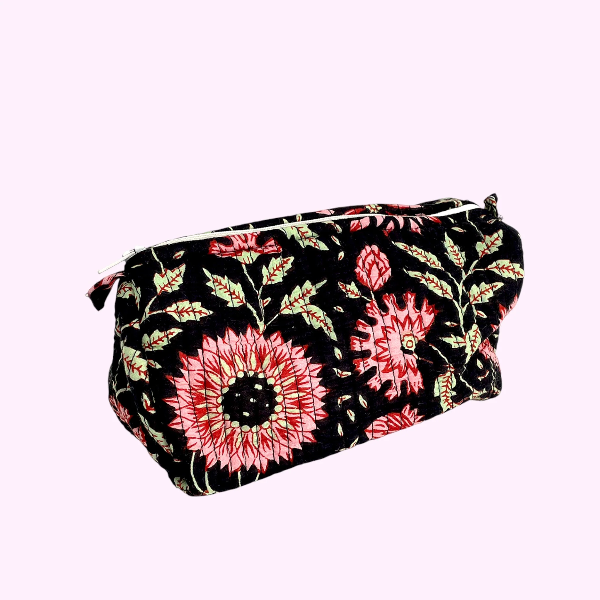 Black and Pink Floral Block Print Cotton Washbag, Make Up Bag, Pencil Case with Waterproof Lining - Pink Sunflower Print - Image 2