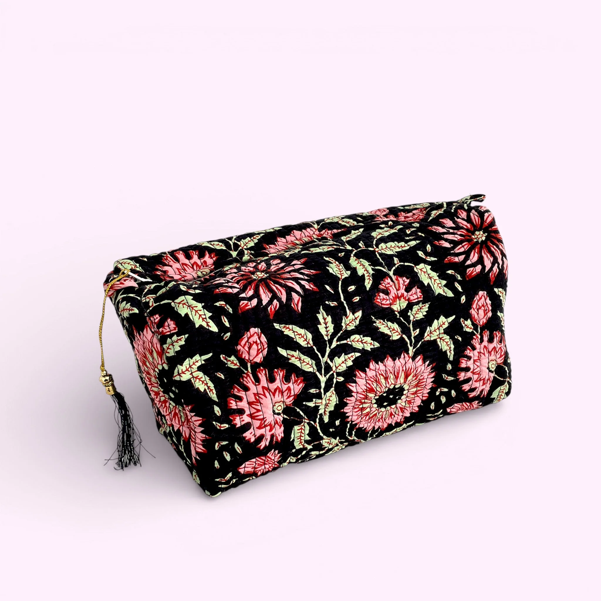 Black and Pink Floral Block Print Cotton Washbag, Make Up Bag, Pencil Case with Waterproof Lining - Pink Sunflower Print - Image 3