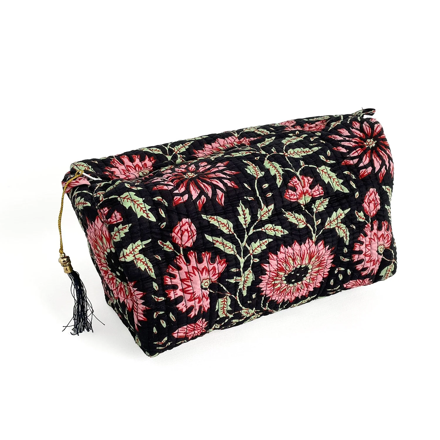 Black and Pink Floral Block Print Cotton Washbag, Make Up Bag, Pencil Case with Waterproof Lining - Pink Sunflower Print - Image 4