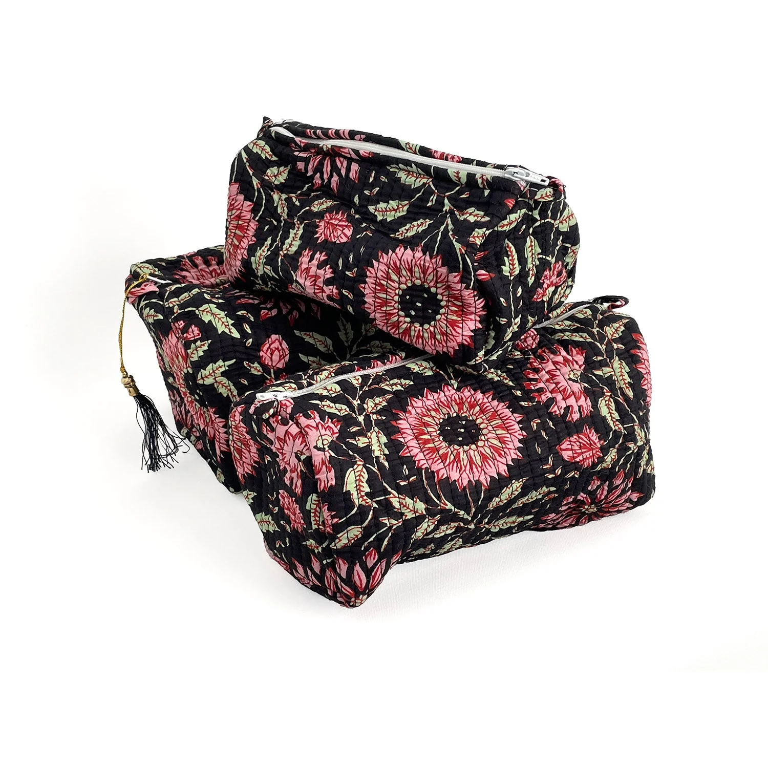 Black and Pink Floral Block Print Cotton Washbag, Make Up Bag, Pencil Case with Waterproof Lining - Pink Sunflower Print - Image 5