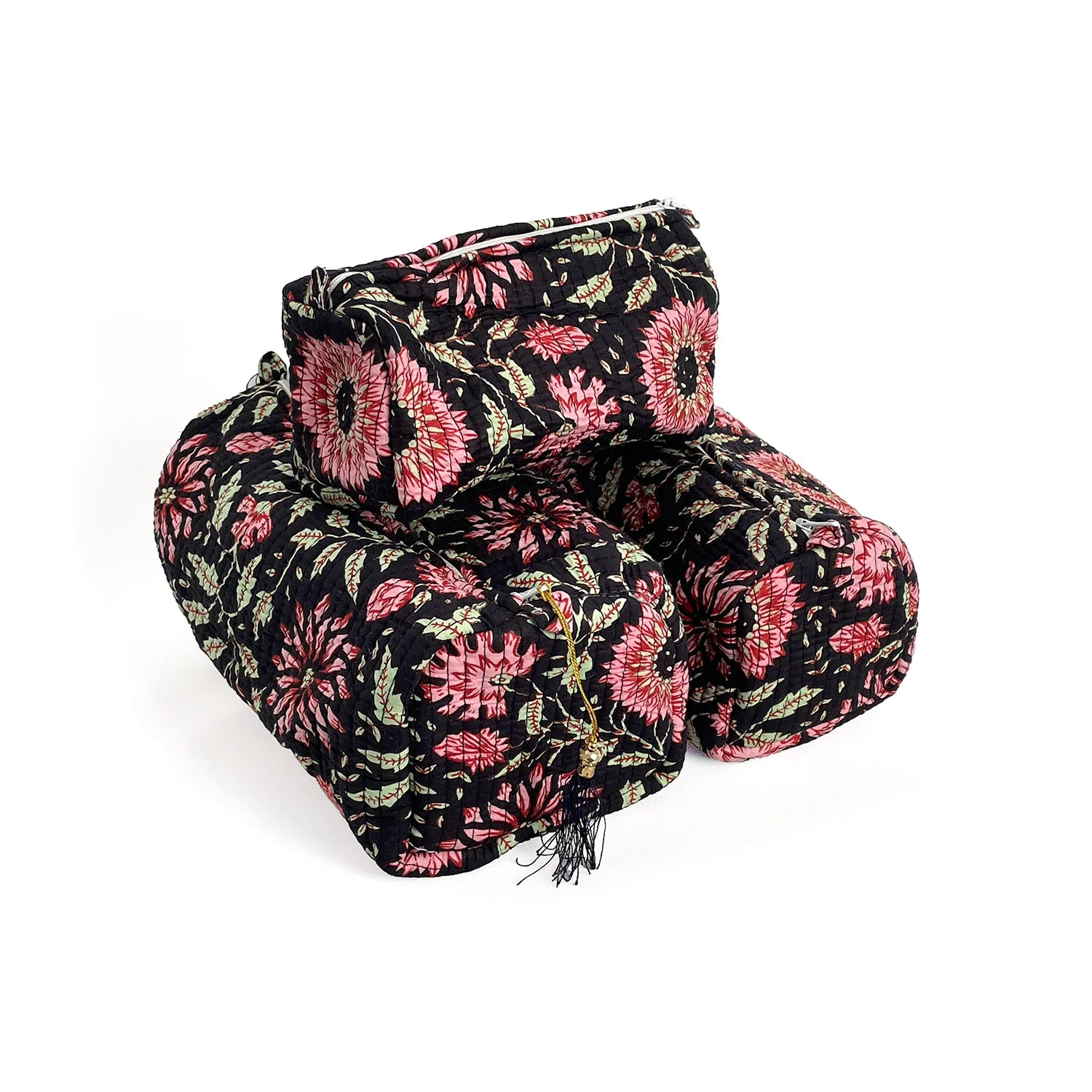 Black and Pink Floral Block Print Cotton Washbag, Make Up Bag, Pencil Case with Waterproof Lining - Pink Sunflower Print - Image 6