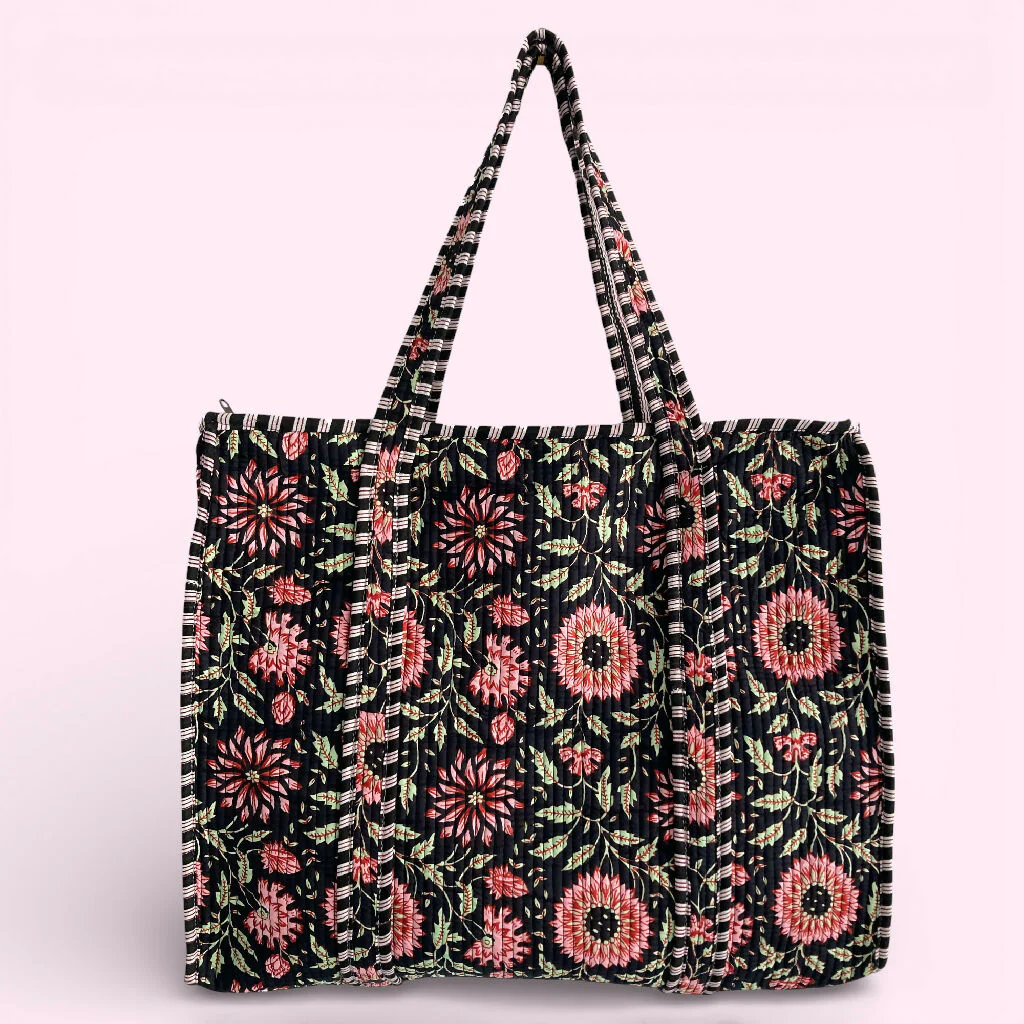 Black and Pink Flower Quilted Cotton Shoulder Bag