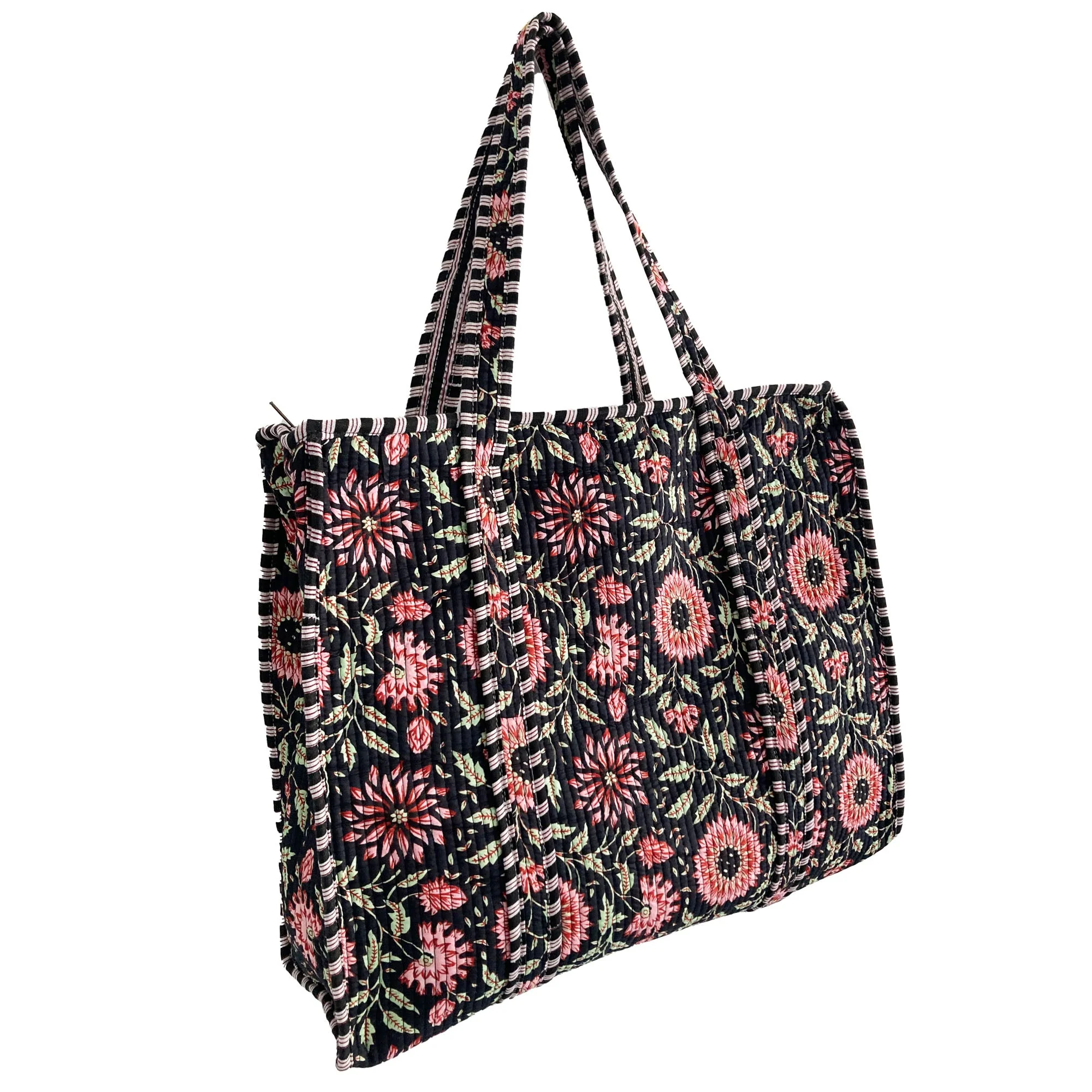 Black and Pink Flower Quilted Cotton Shoulder Bag - Image 2