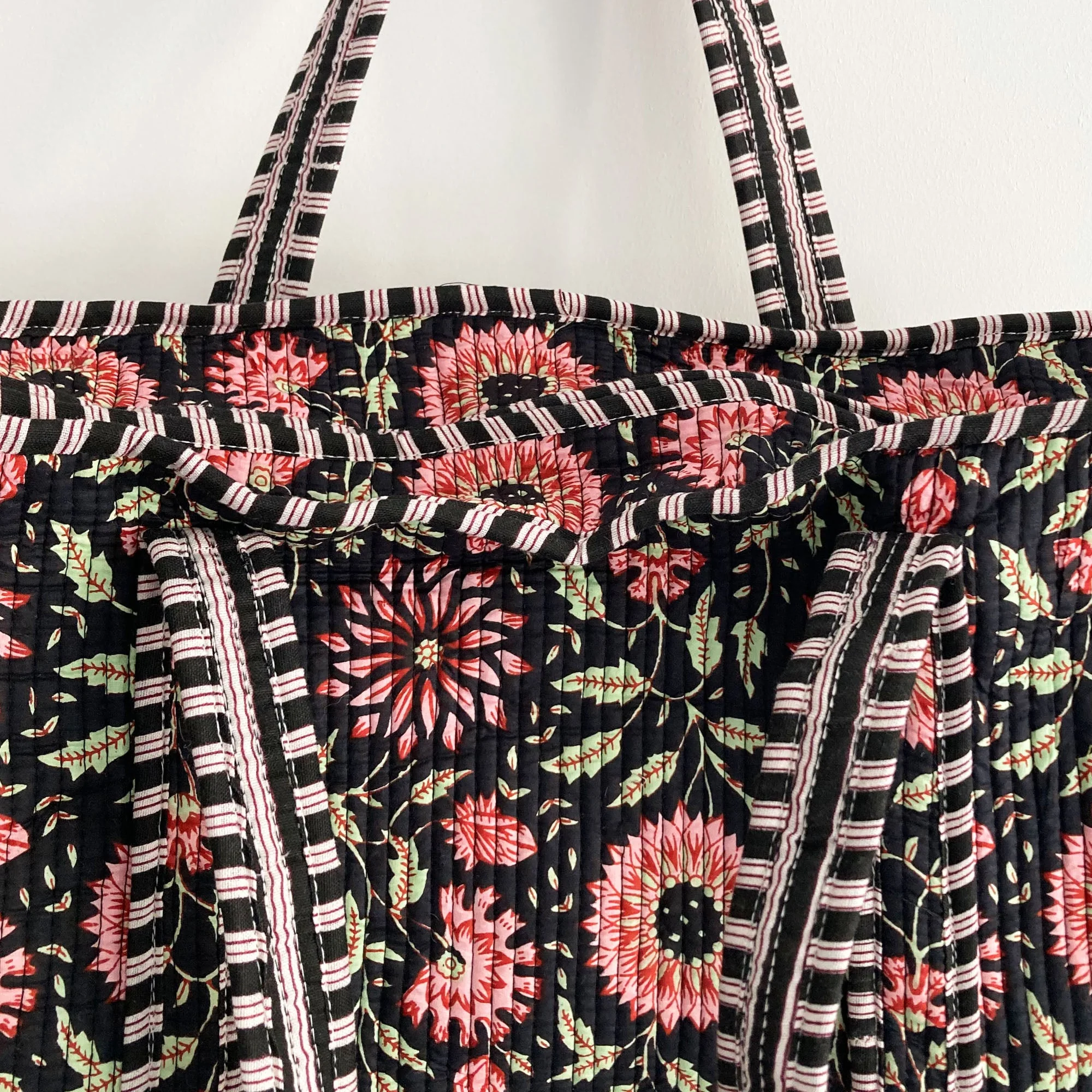 Black and Pink Flower Quilted Cotton Shoulder Bag - Image 3