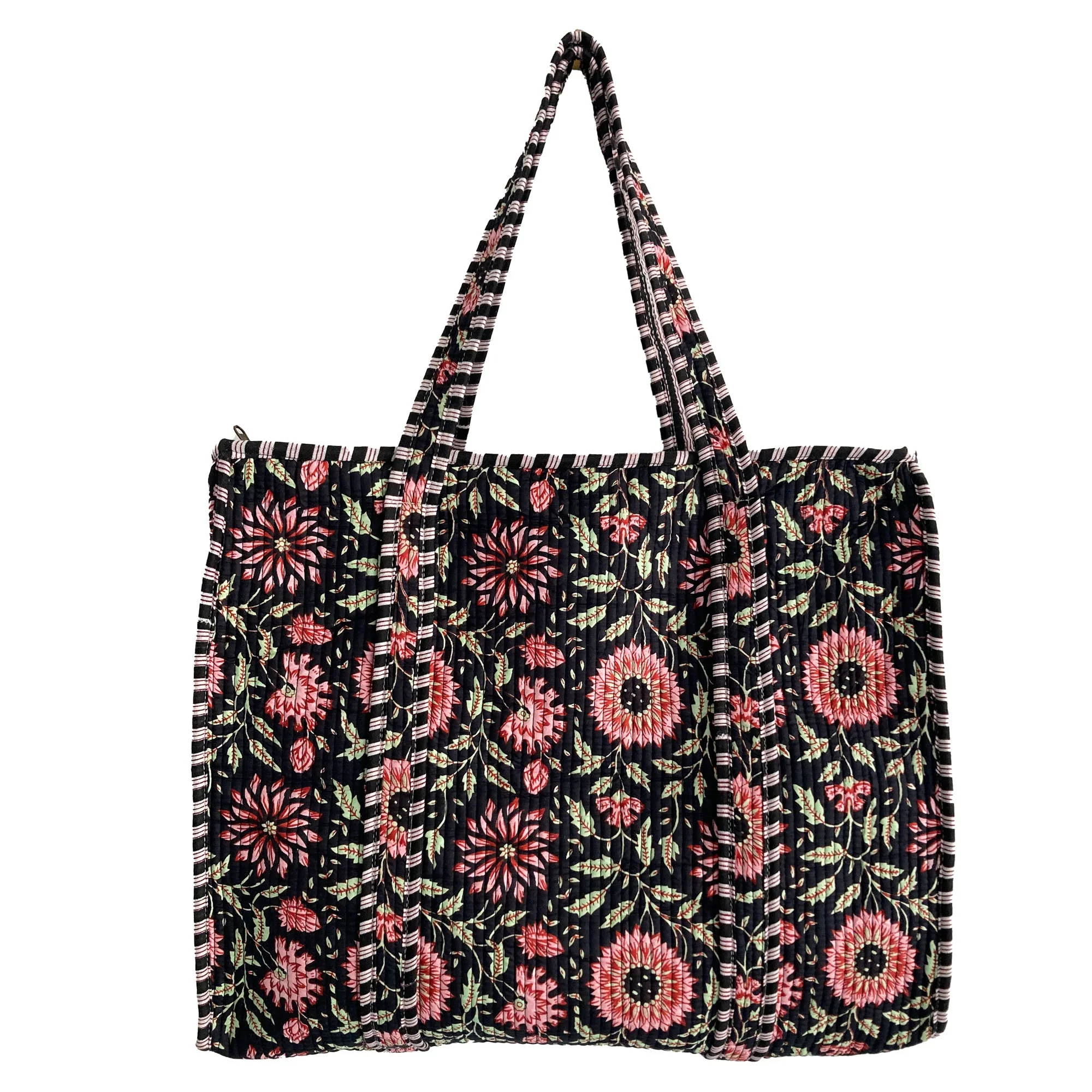 Black and Pink Flower Quilted Cotton Shoulder Bag - Image 4