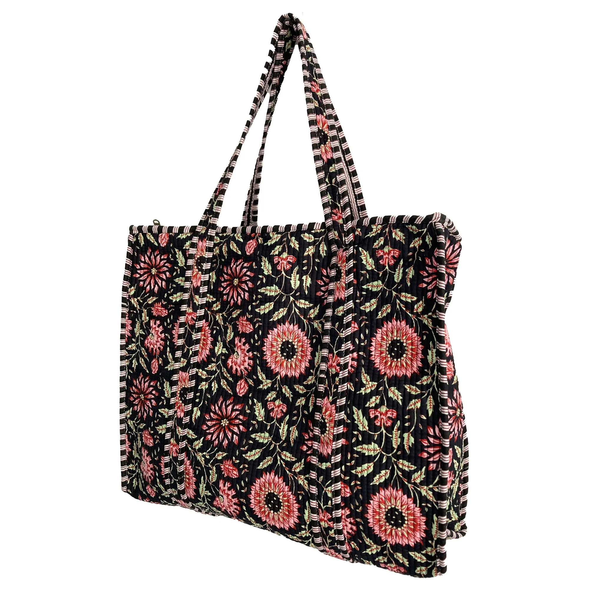 Black and Pink Flower Quilted Cotton Shoulder Bag - Image 5