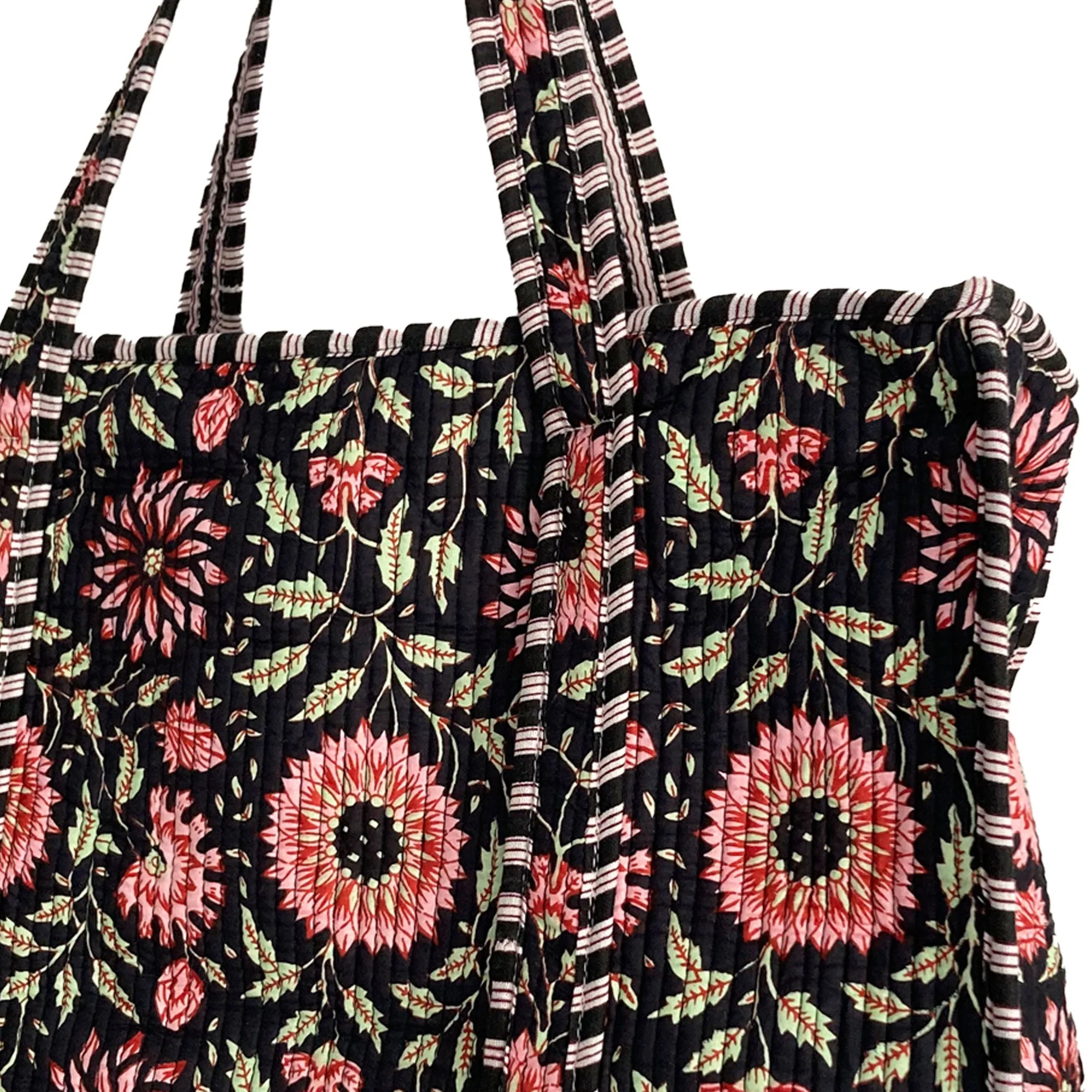 Black and Pink Flower Quilted Cotton Shoulder Bag - Image 6