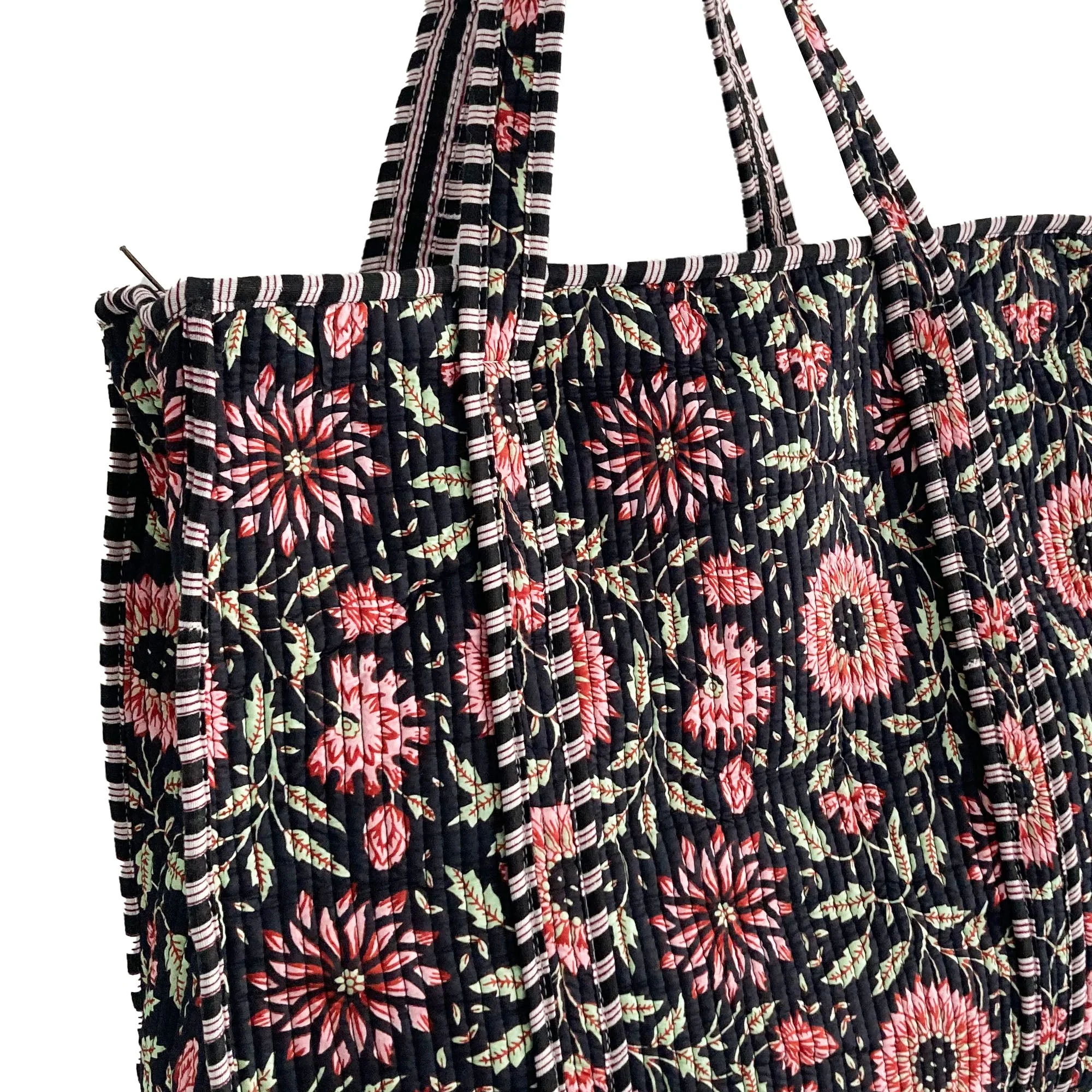 Black and Pink Flower Quilted Cotton Shoulder Bag - Image 7