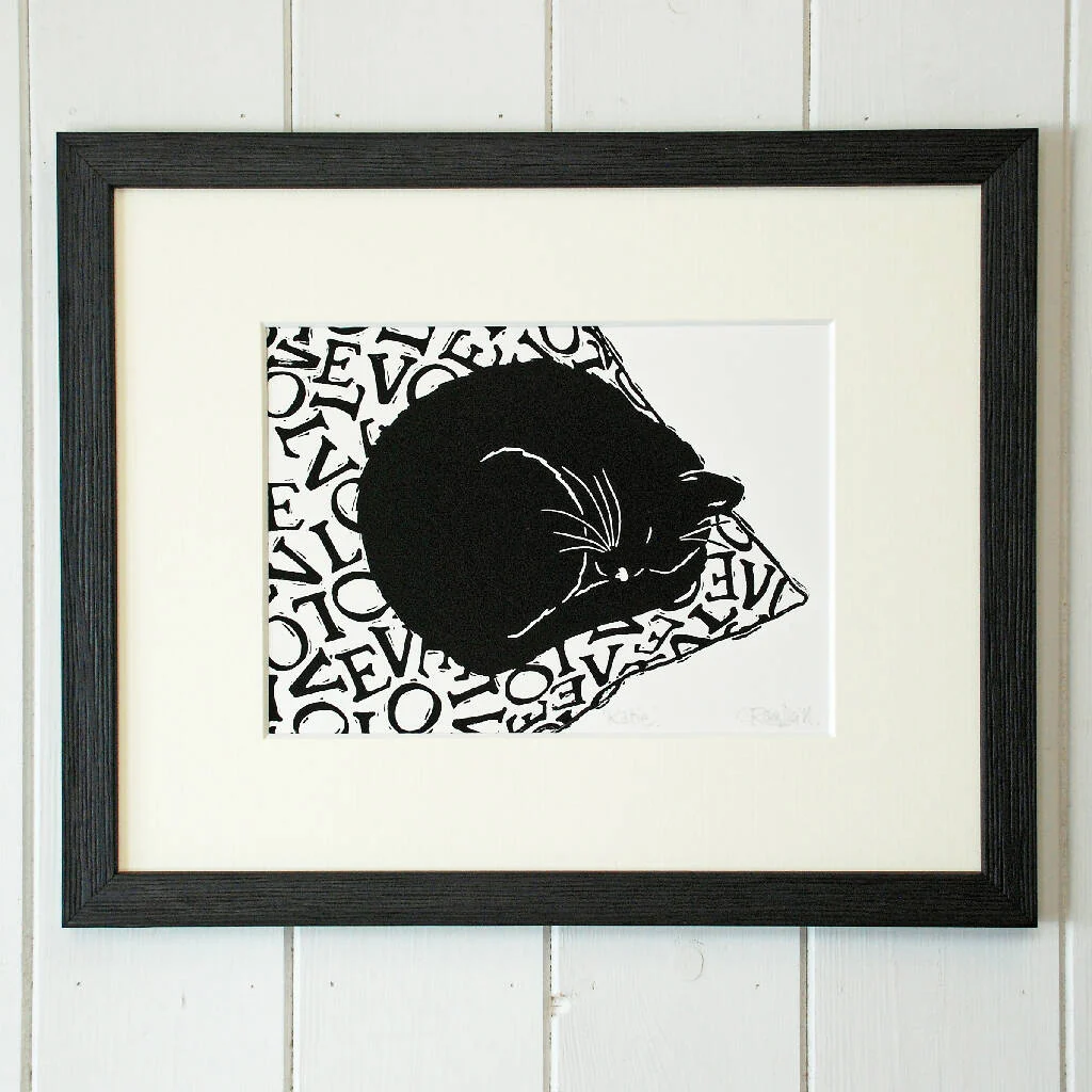 Black Cat - 'Bedtime' - Personalised Original Linocut Print - Other Black Cat Prints Available - Image 3