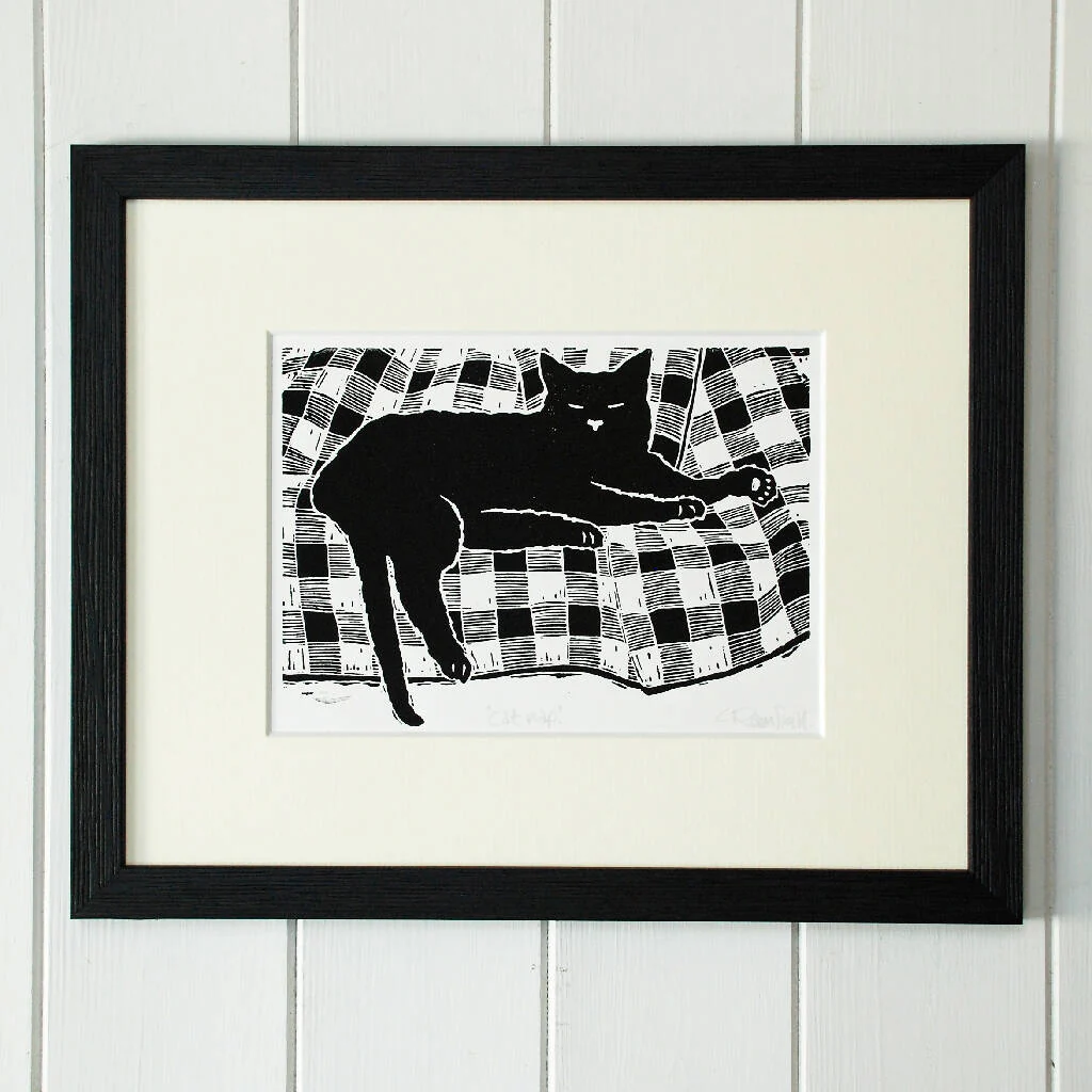 Black Cat - 'Bedtime' - Personalised Original Linocut Print - Other Black Cat Prints Available - Image 5