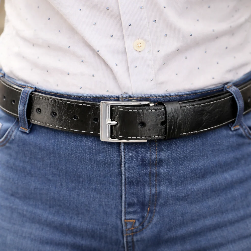 Black Leather Belt with White Stitching - Narrow Width