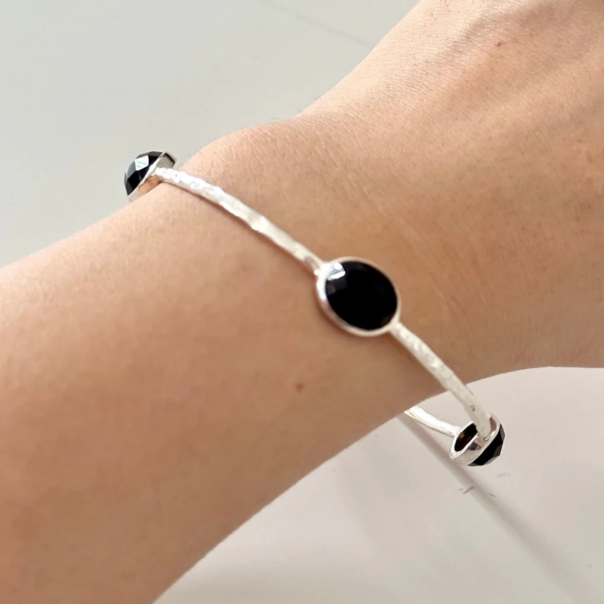 Black Onyx Gemstone Bangle in Sterling Silver
