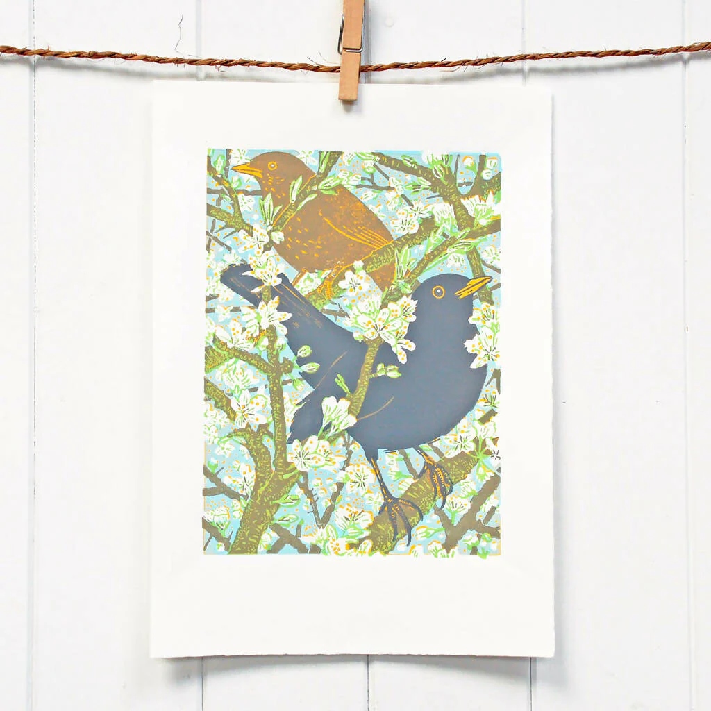 Blackthorn Blackbirds - Limited Edition - Original Linocut Print - Image 2