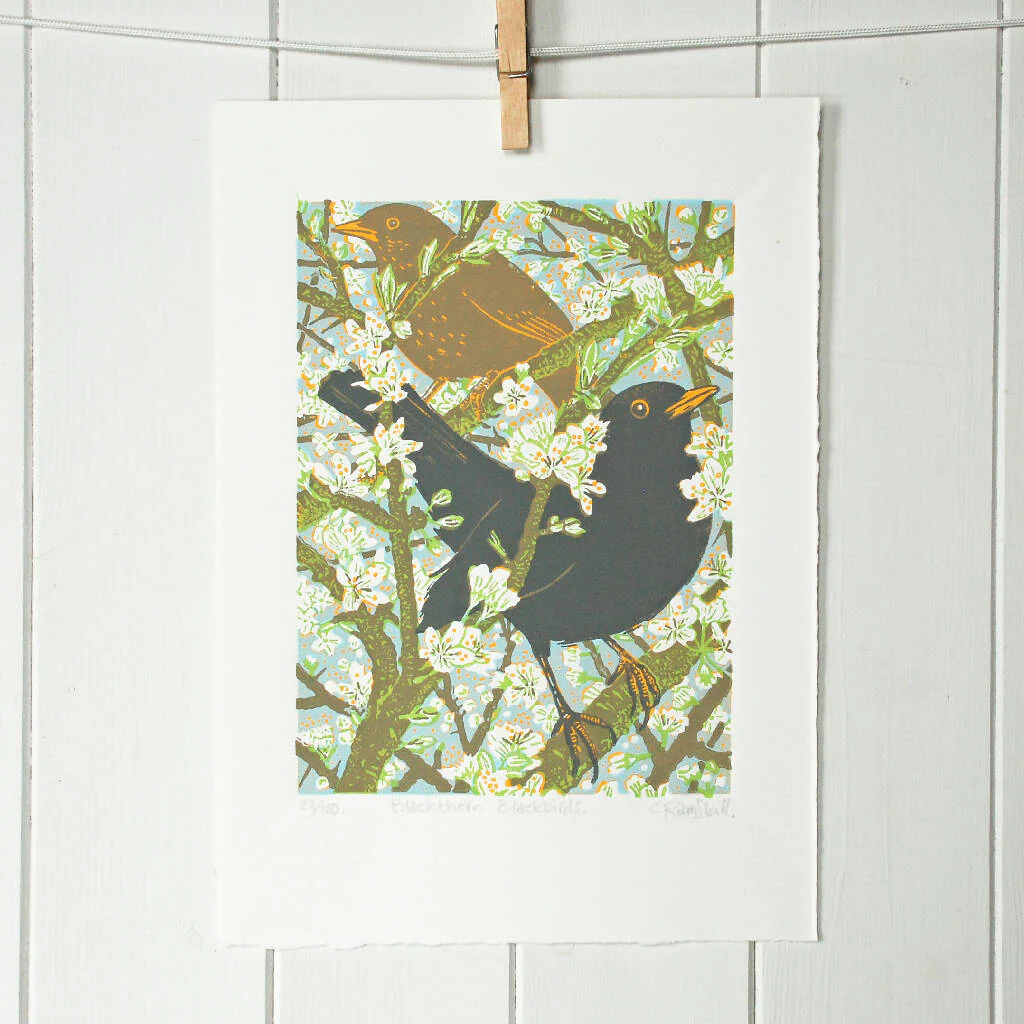 Blackthorn Blackbirds - Limited Edition - Original Linocut Print - Image 3