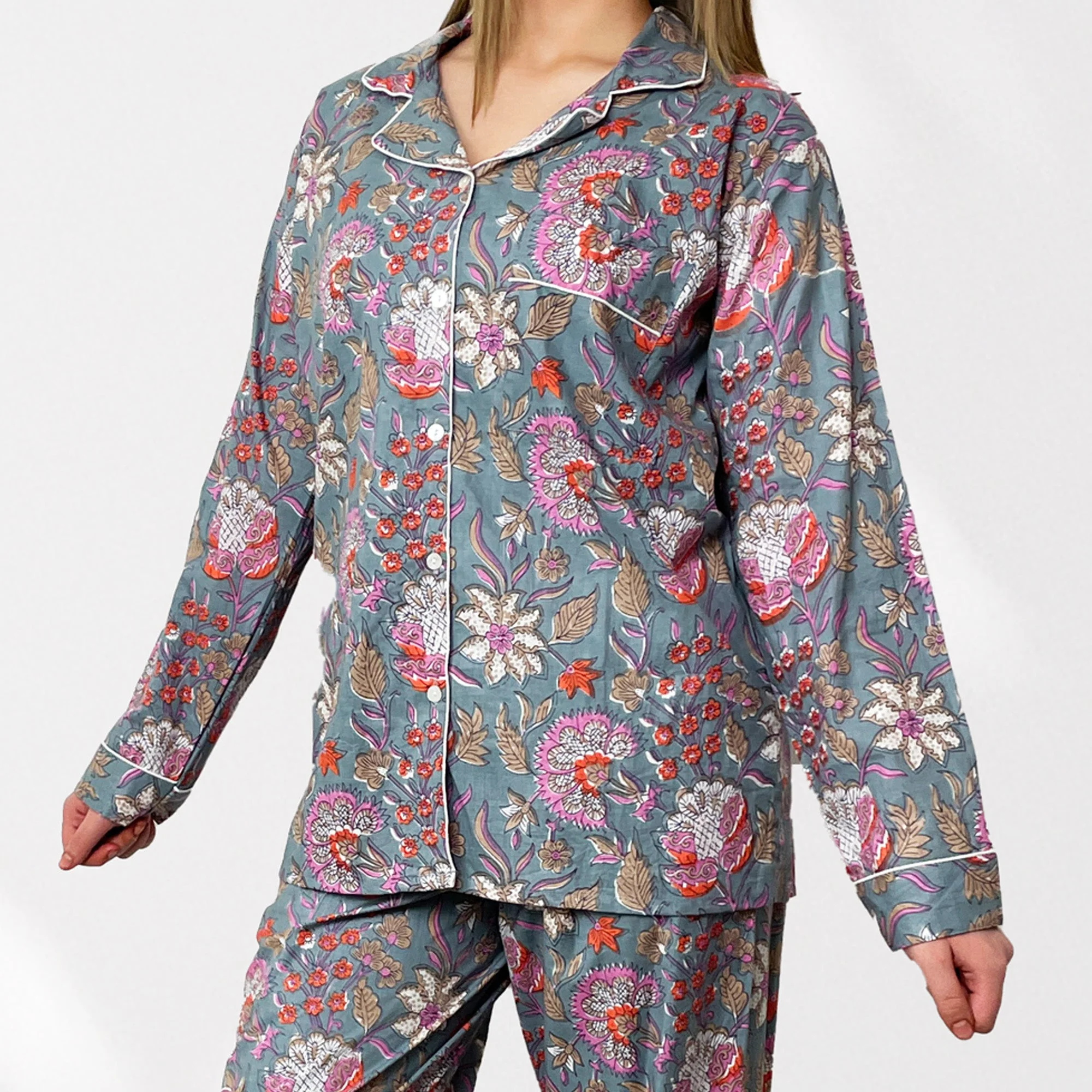 Block Print Floral 100% Cotton Long Pyjama Set in Grey and Pink