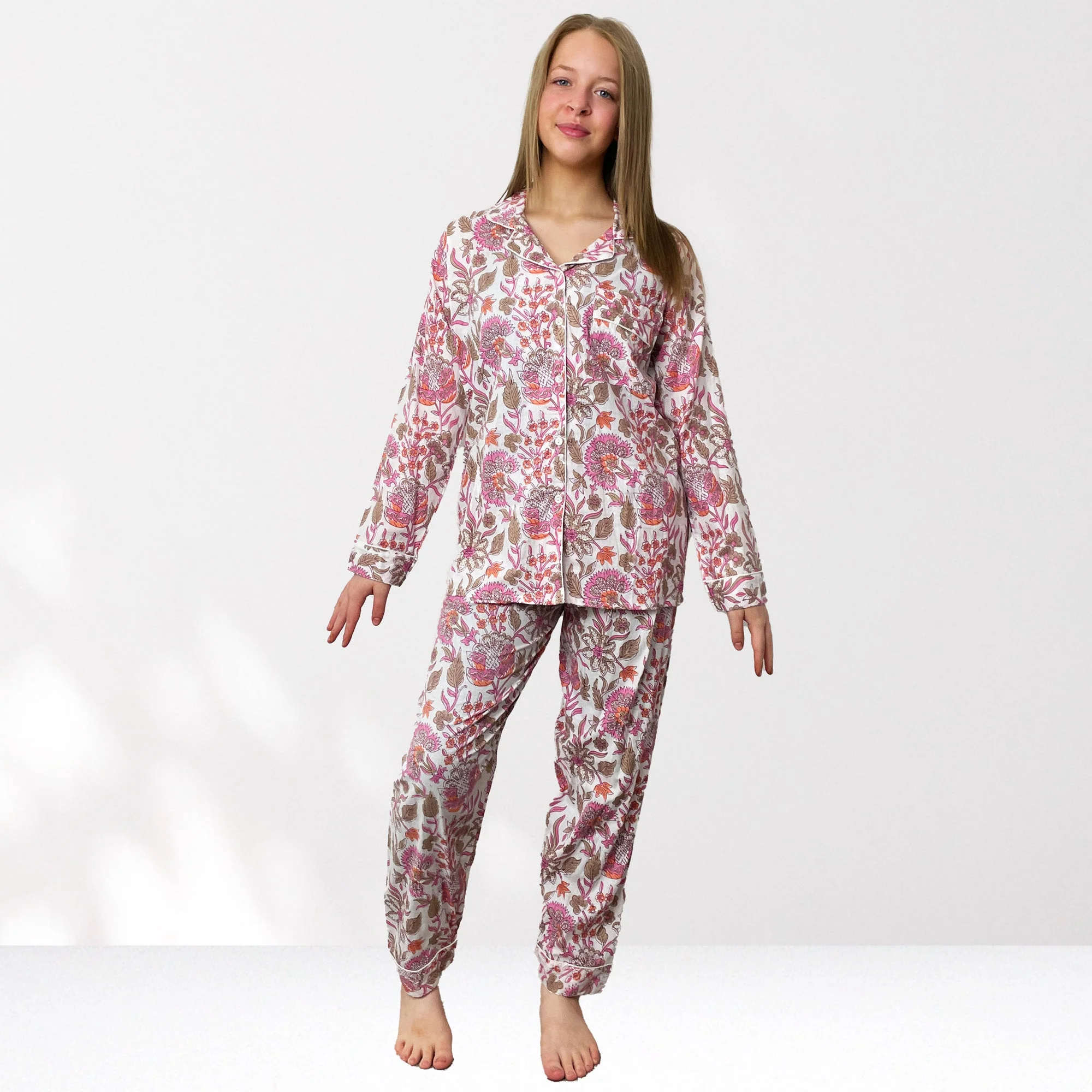 Block Print Floral 100% Cotton Long Pyjama Set in White and Pink - Image 5