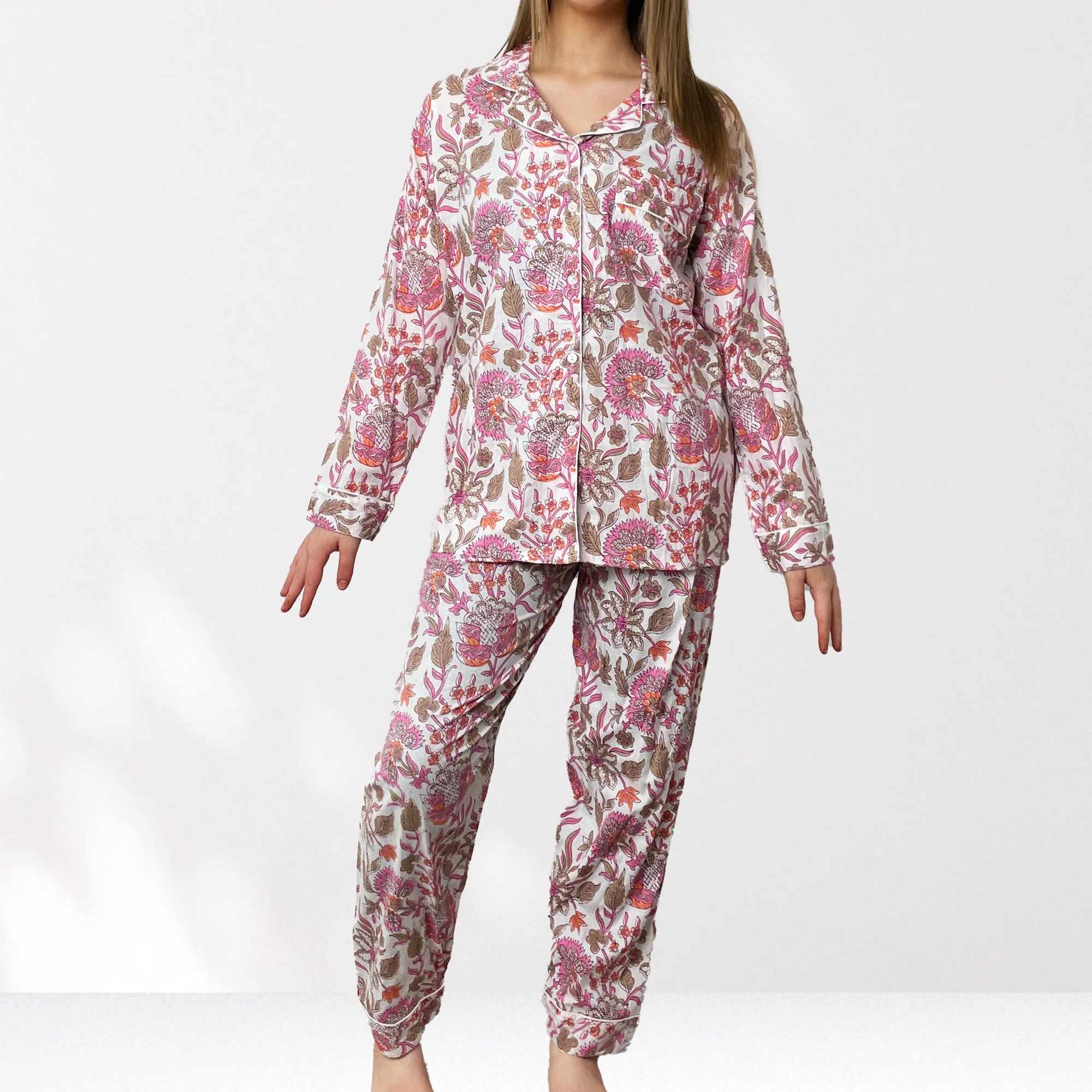 Block Print Floral 100% Cotton Long Pyjama Set in White and Pink - Image 7