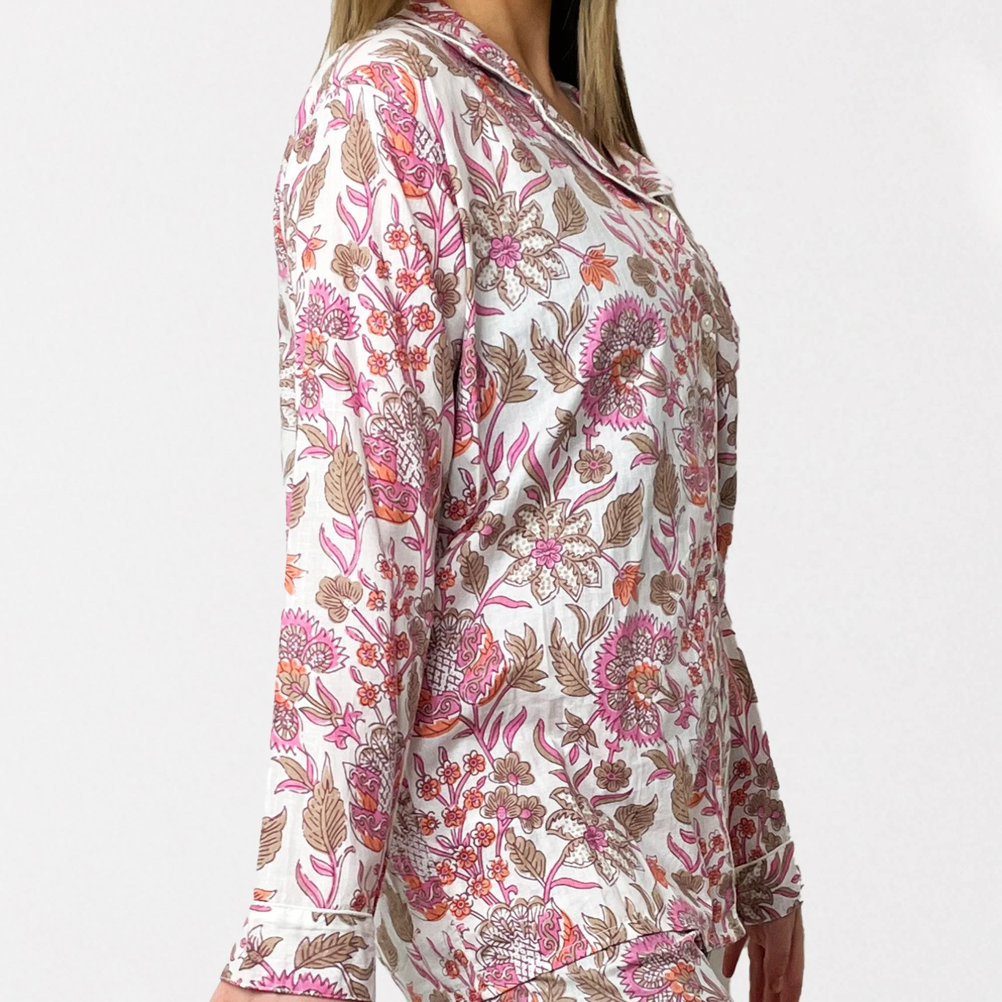 Block Print Floral 100% Cotton Long Pyjama Set in White and Pink - Image 8