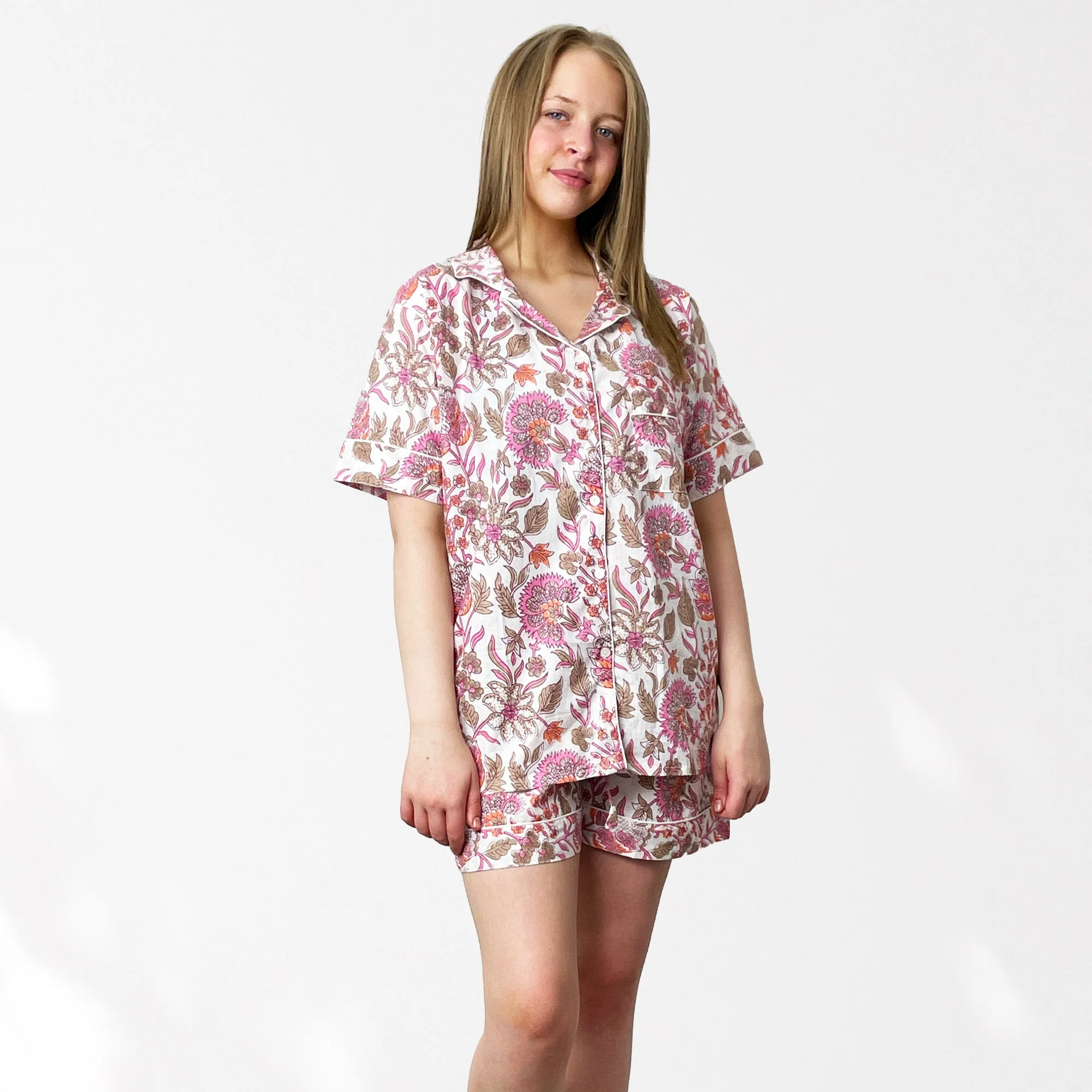 Block Print Floral 100% Cotton Short Pyjama Set in White and Pink - Image 2