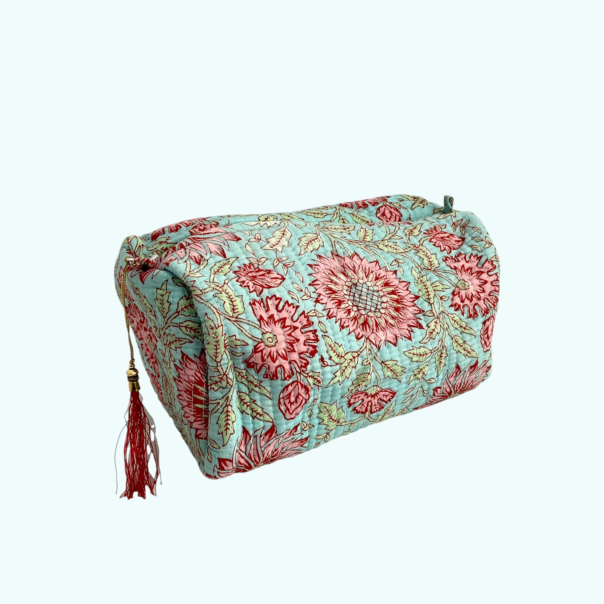 Blue and Pink Floral Block Print Cotton Washbag, Make Up Bag, Pencil Case with Waterproof Lining - Image 3