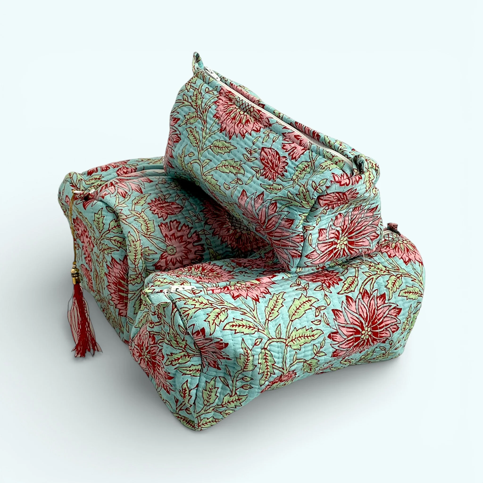 Blue and Pink Floral Block Print Cotton Washbag, Make Up Bag, Pencil Case with Waterproof Lining - Image 4