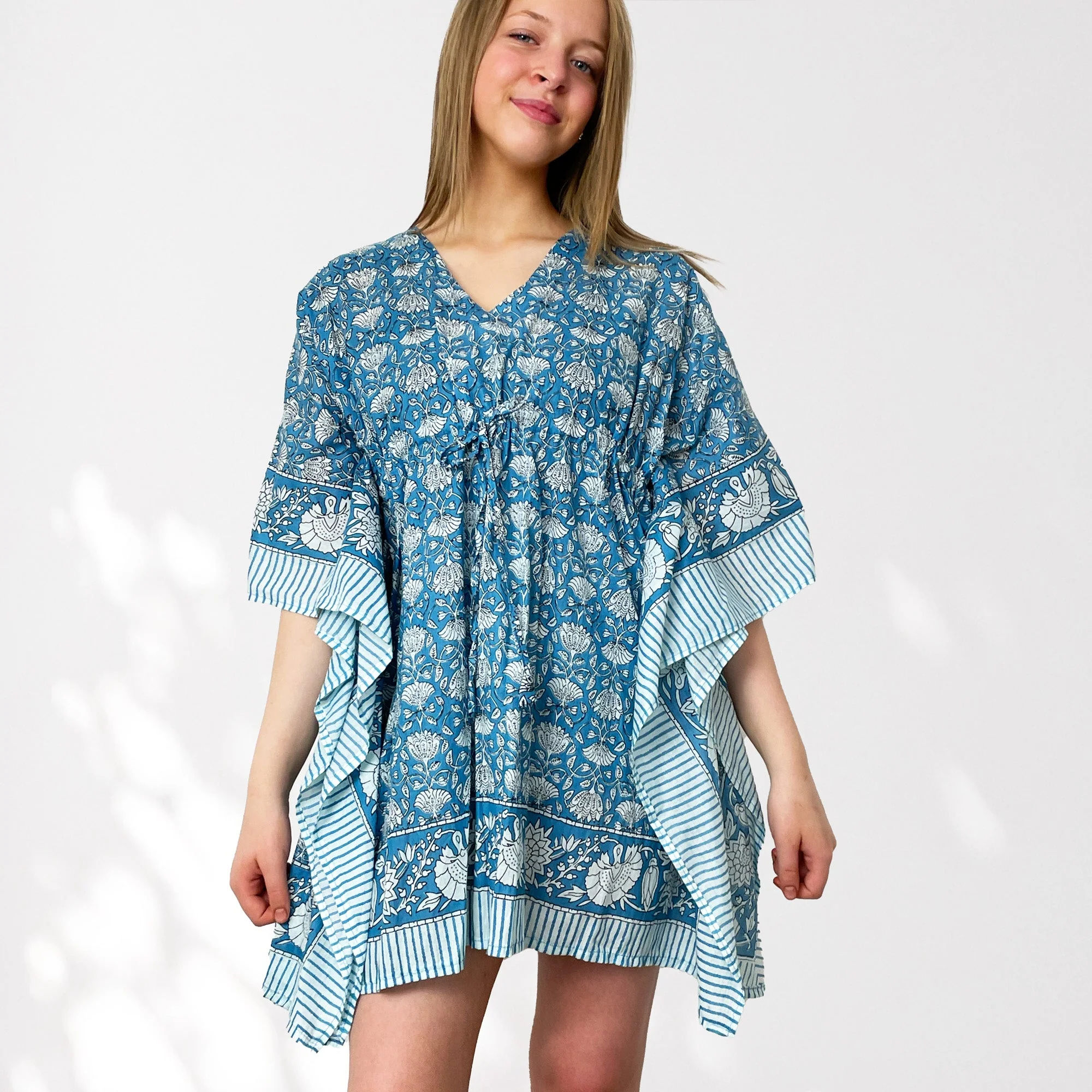Blue Floral Print 100% Cotton Beach Kaftan
