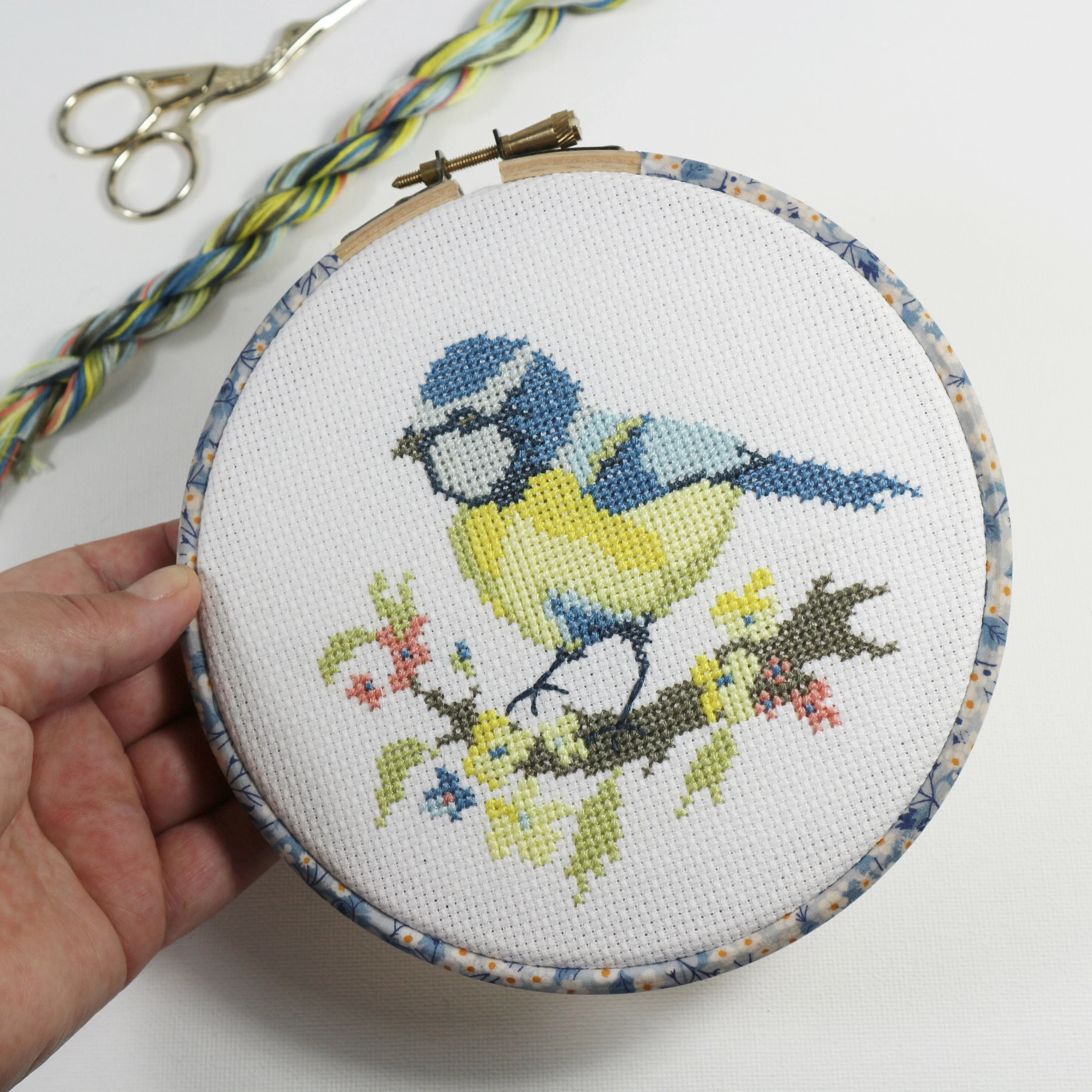 Blue Tit with Yellow Blossom, Cross Stitch Embroidery Hoop Wall Hanging Kit