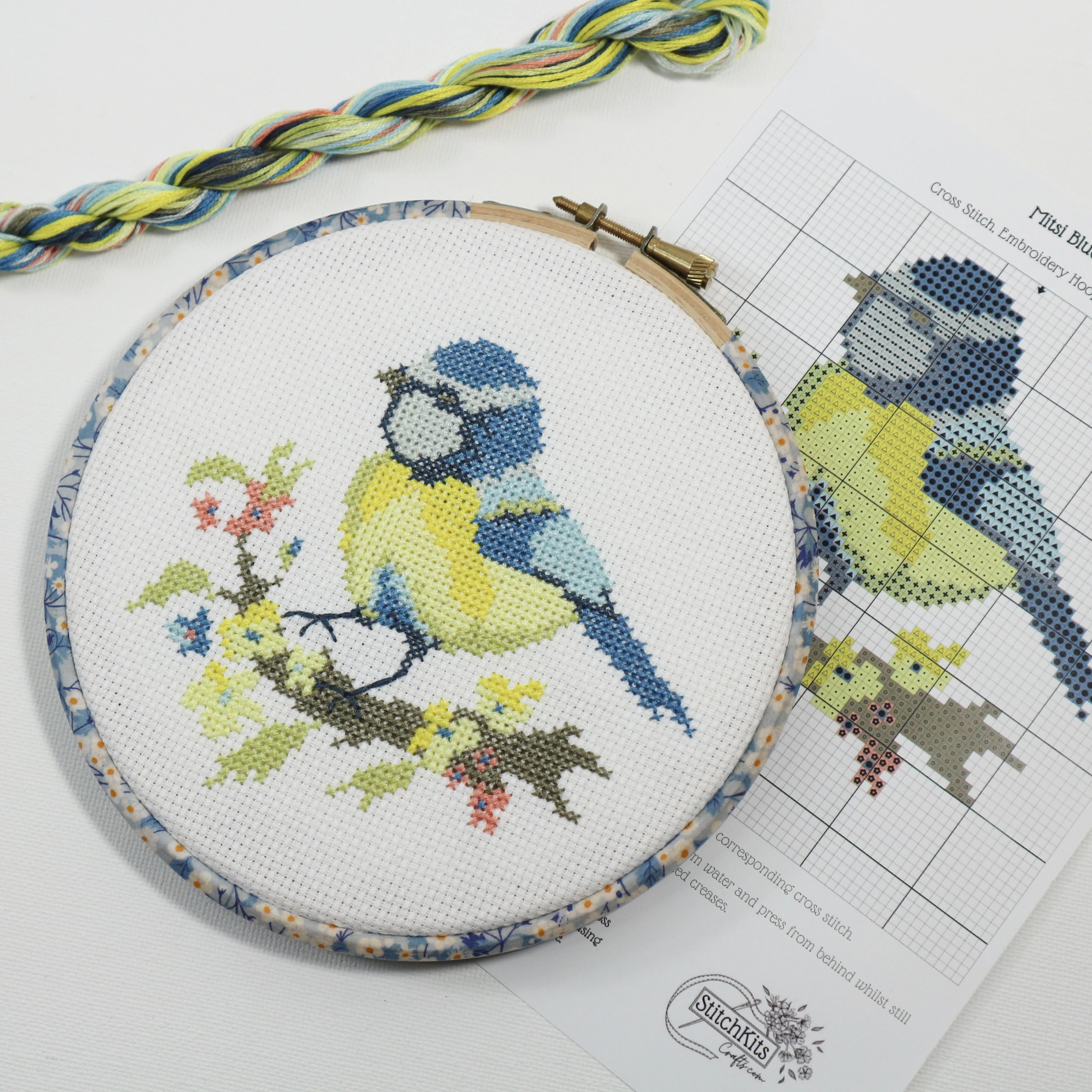 Blue Tit with Yellow Blossom, Cross Stitch Embroidery Hoop Wall Hanging Kit - Image 10