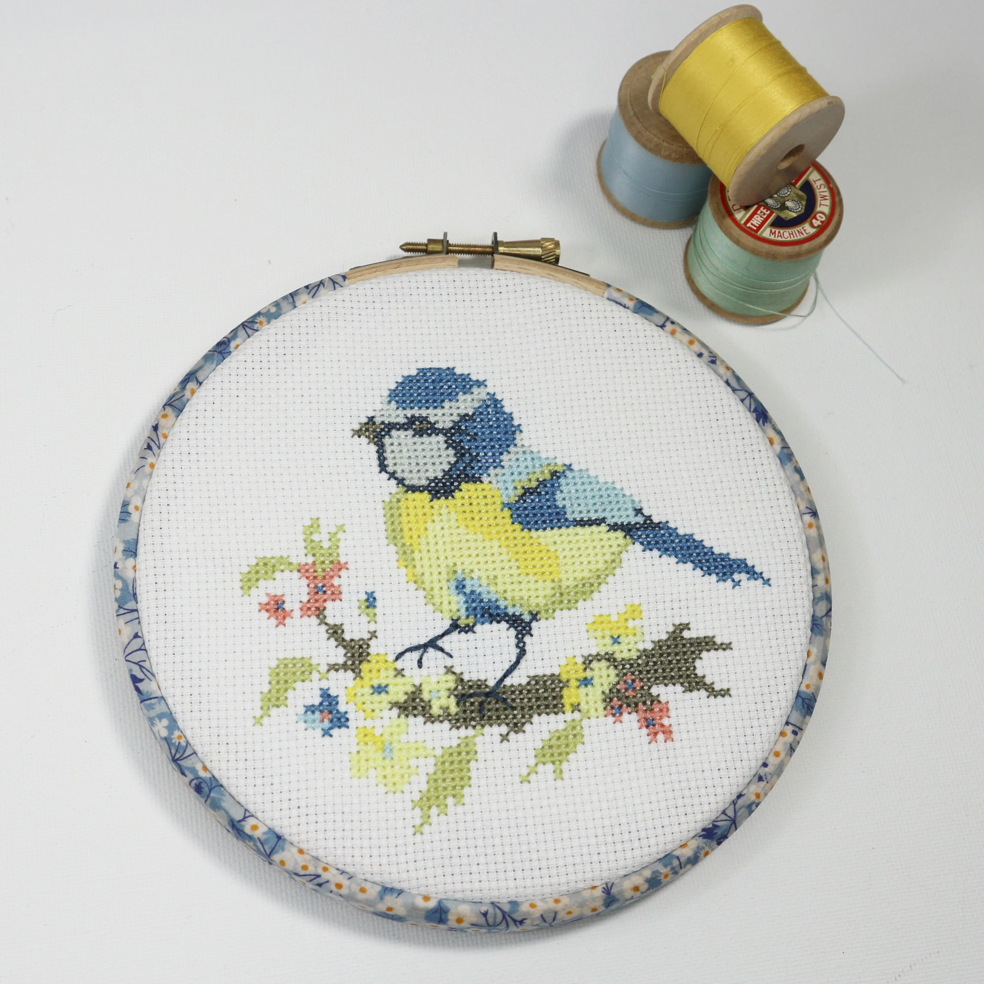 Blue Tit with Yellow Blossom, Cross Stitch Embroidery Hoop Wall Hanging Kit - Image 11