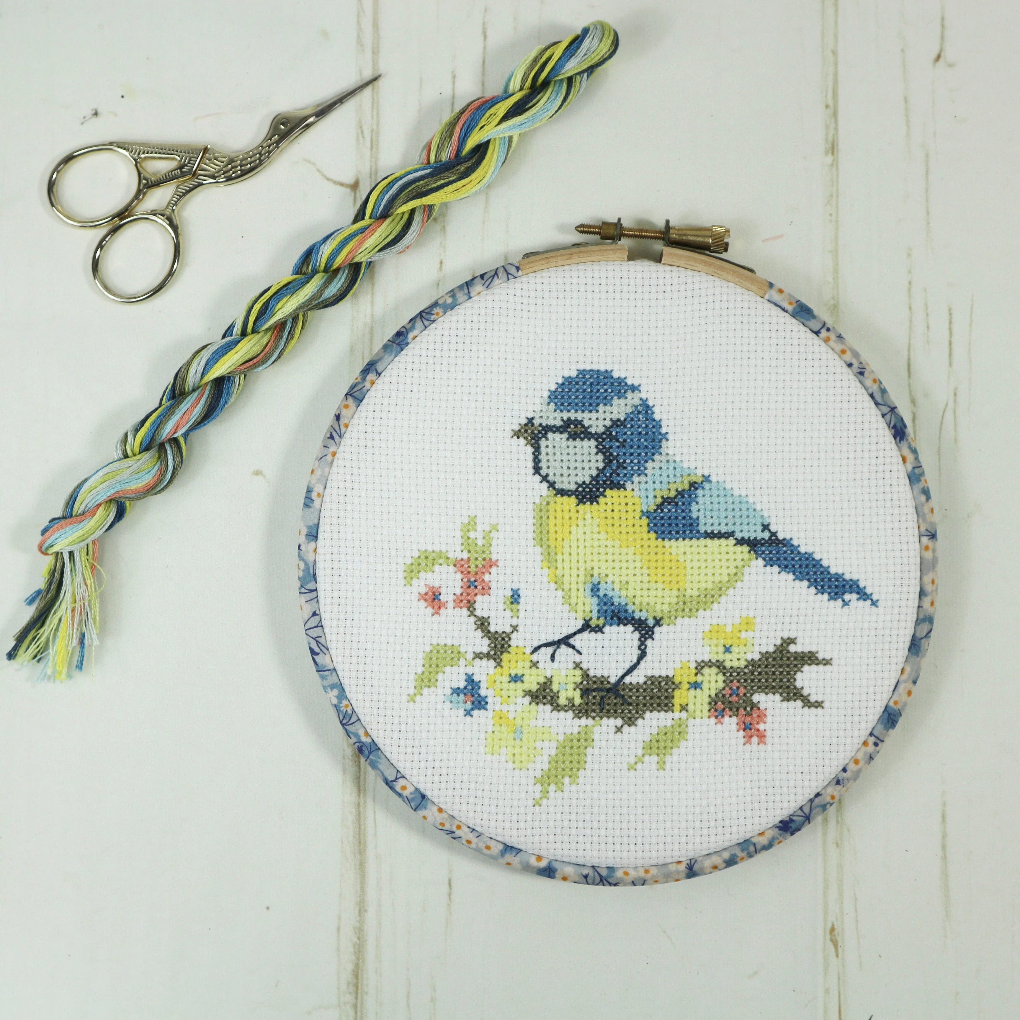 Blue Tit with Yellow Blossom, Cross Stitch Embroidery Hoop Wall Hanging Kit - Image 12