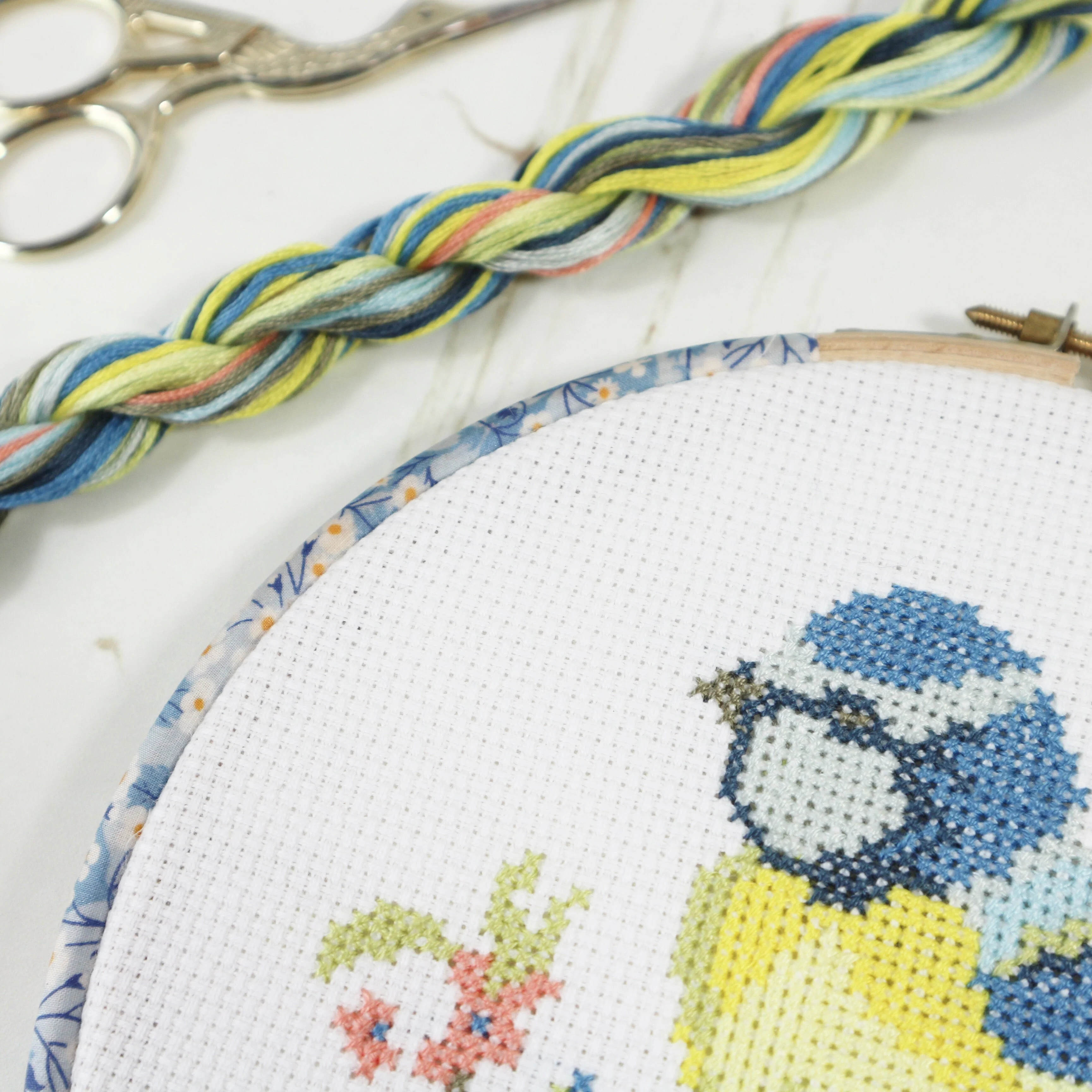 Blue Tit with Yellow Blossom, Cross Stitch Embroidery Hoop Wall Hanging Kit - Image 13
