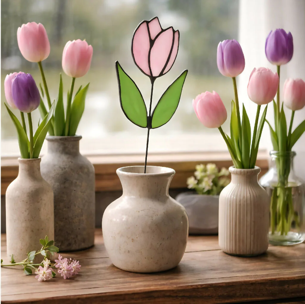 Blush Tulip – Soft Pink & White Wispy Petals with Fresh Green Foliage