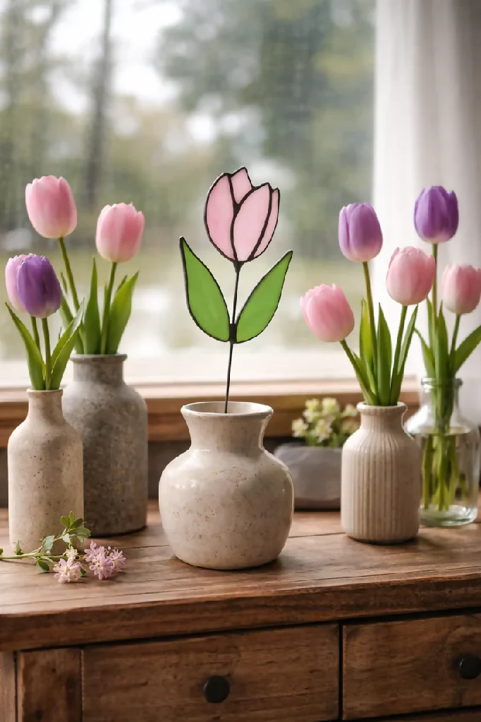 Blush Tulip – Soft Pink & White Wispy Petals with Fresh Green Foliage - Image 2