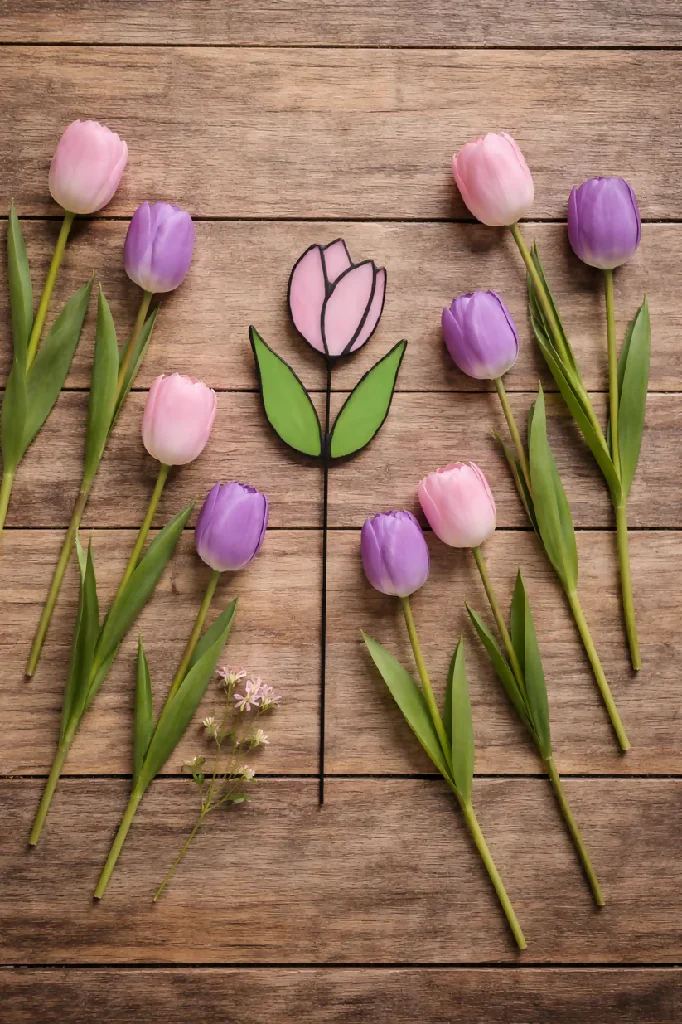 Blush Tulip – Soft Pink & White Wispy Petals with Fresh Green Foliage - Image 3