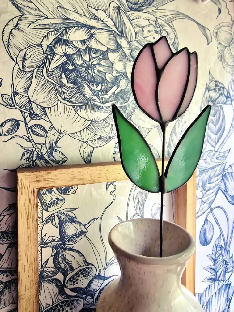 Blush Tulip – Soft Pink & White Wispy Petals with Fresh Green Foliage - Image 5