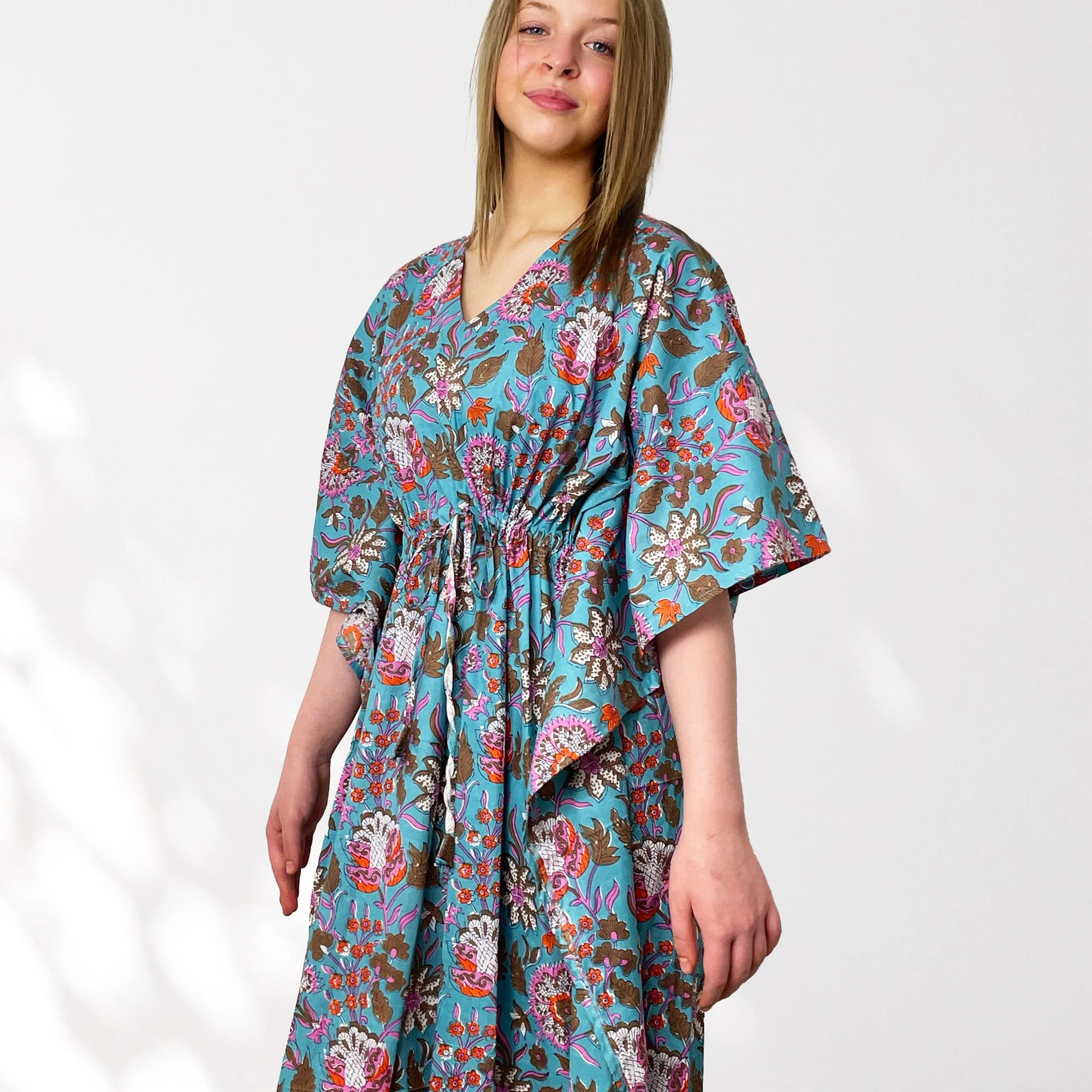 Bright Blue and Pink Floral Print Long 100% Cotton Kaftan - Image 3