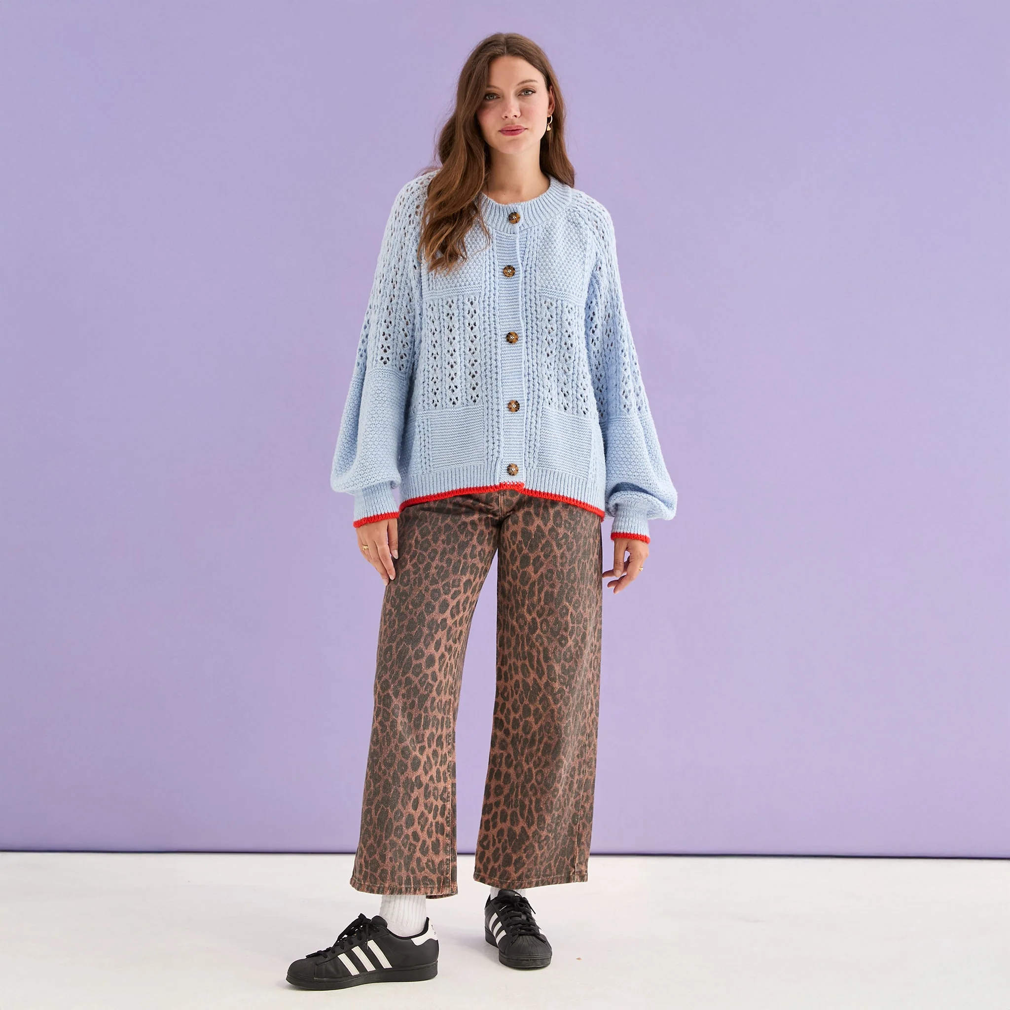 Brigit Pointelle Stitch Balloon Sleeve Cardigan - Blue - Image 11