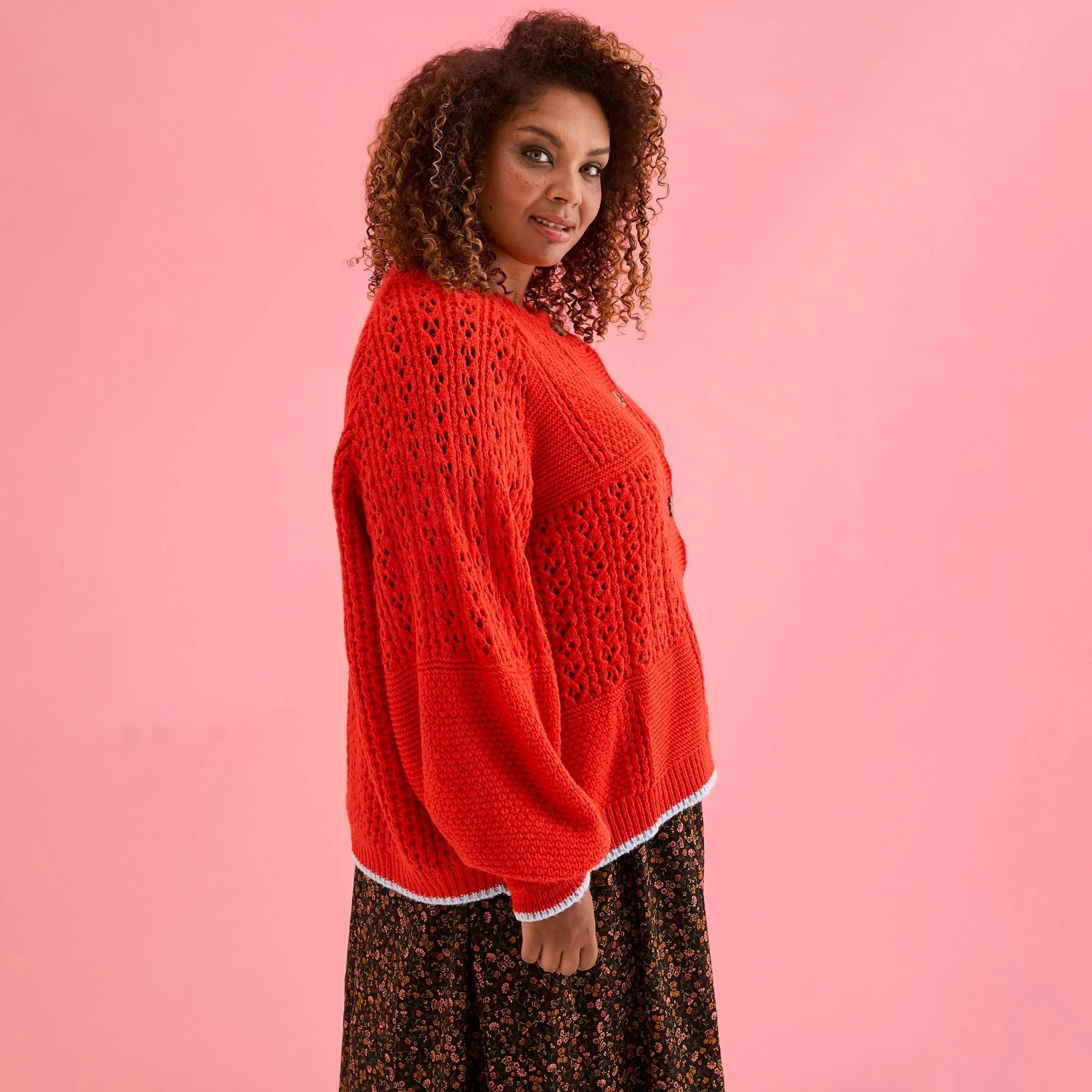 Brigit Pointelle Stitch Balloon Sleeve Cardigan - Orange - Image 3