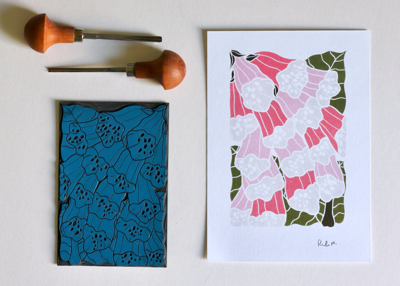 British Woodland Foxglove Linocut Art | A5 or A4 Art Print on Cotton Paper