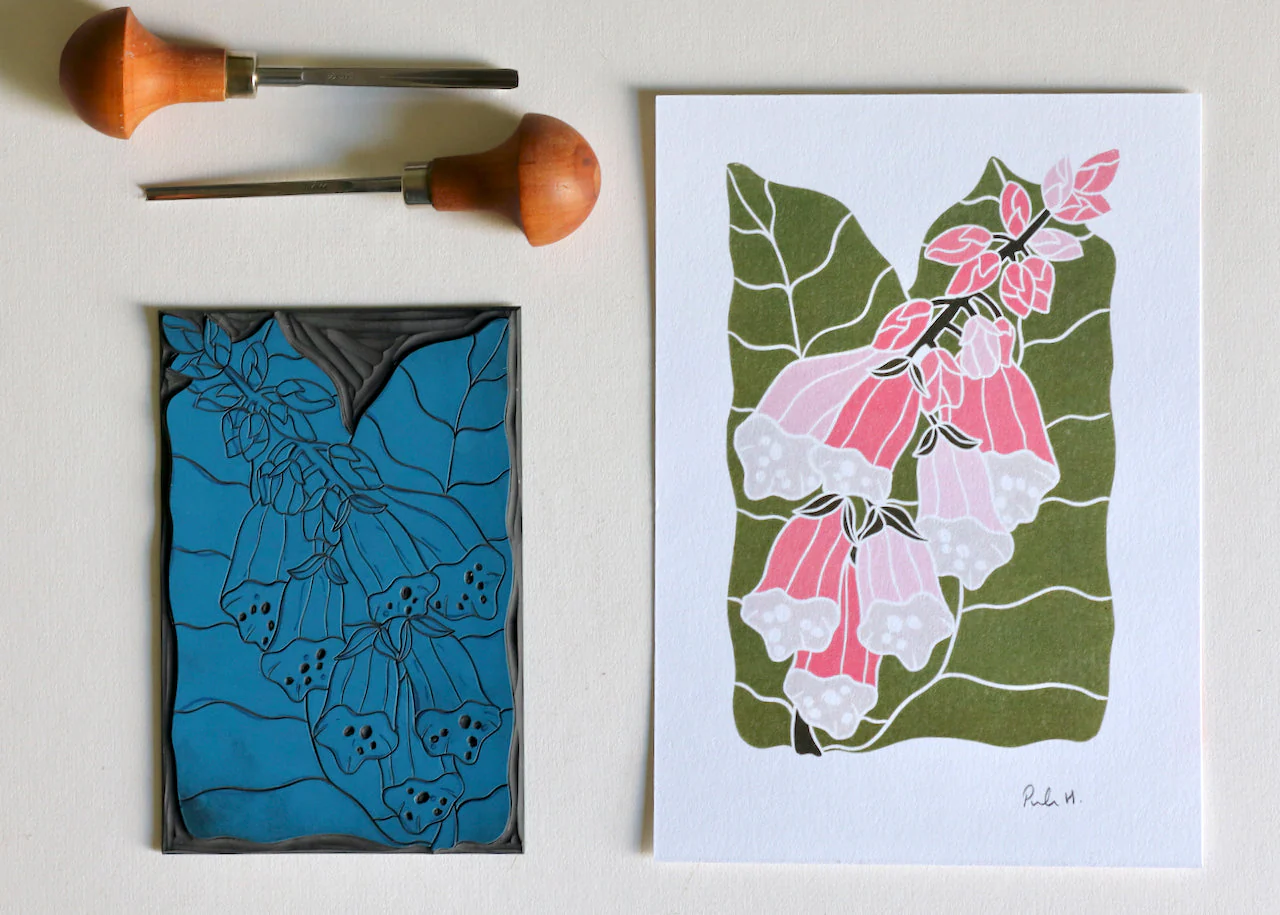 British Woodland Foxglove Linocut Art | A5 or A4 Art Print on Cotton Paper - Image 10