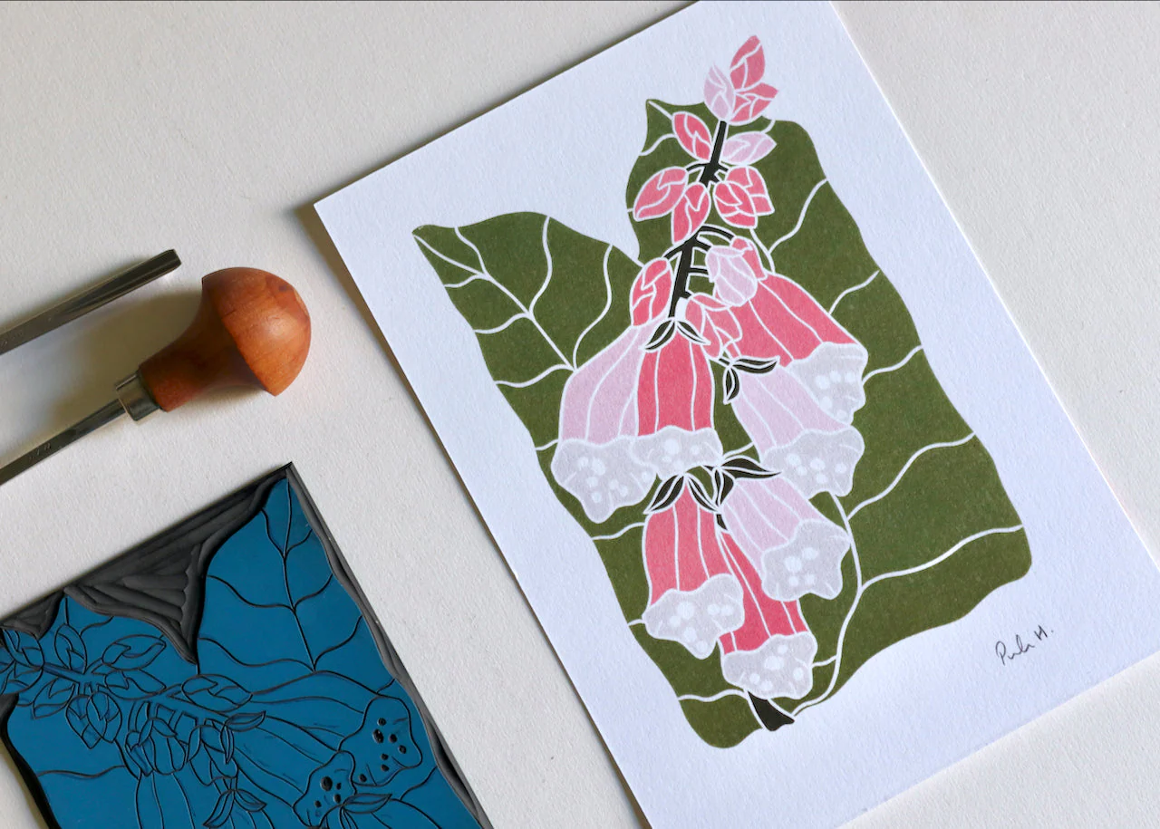 British Woodland Foxglove Linocut Art | A5 or A4 Art Print on Cotton Paper - Image 11